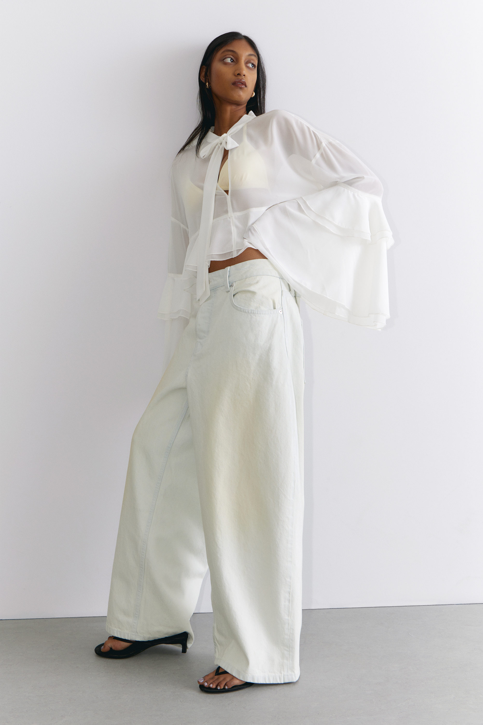 White - Flared Frill-Sleeved Tie-Neck Blouse - 2