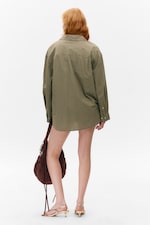Checked Dark Khaki Green - Long-Sleeved Oversized Poplin Shirt - 3