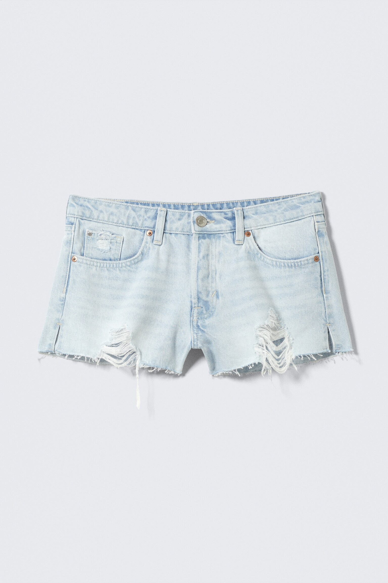 Low Rise Raw Hem Mini Denim Shorts - Fluid Blue - Light Blue/Mountain Blue - Dark Blue - 2