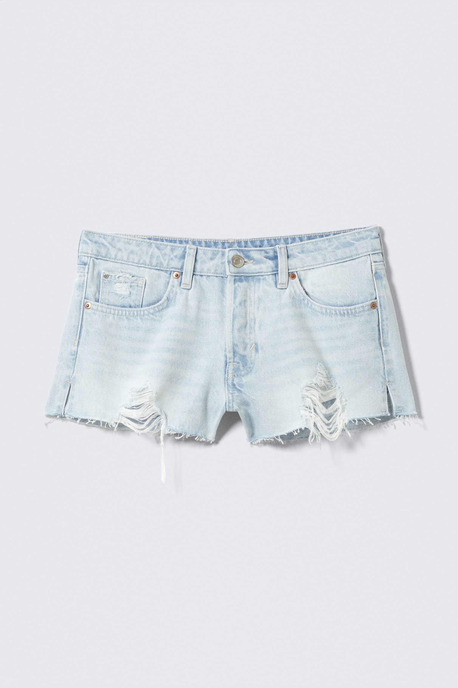 Low Rise Raw Hem Mini Denim Shorts - Fluid Blue - Light Blue/Mountain Blue - Dark Blue - 2