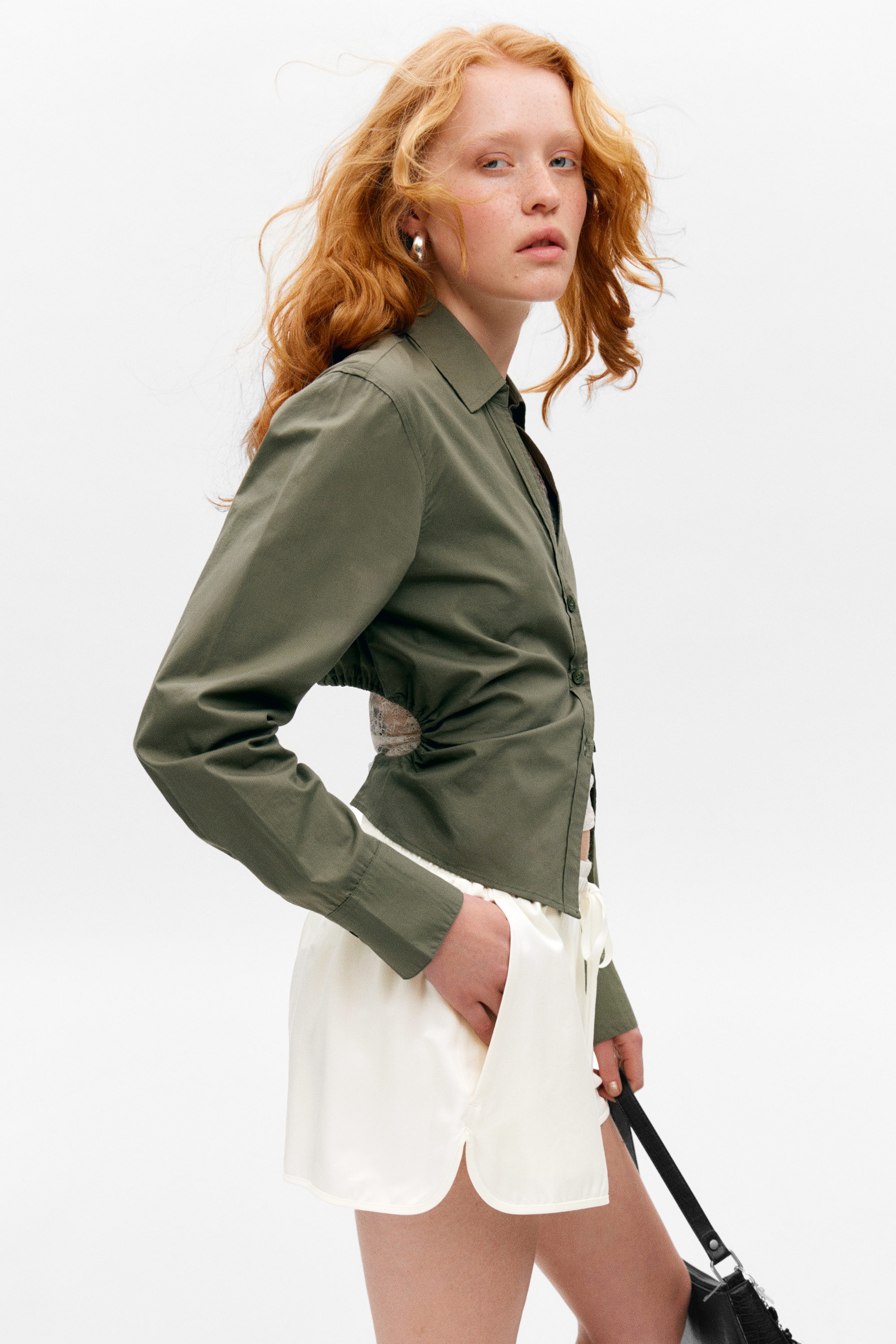 Dark Khaki Green - Cropped Open Back Shirt - 1