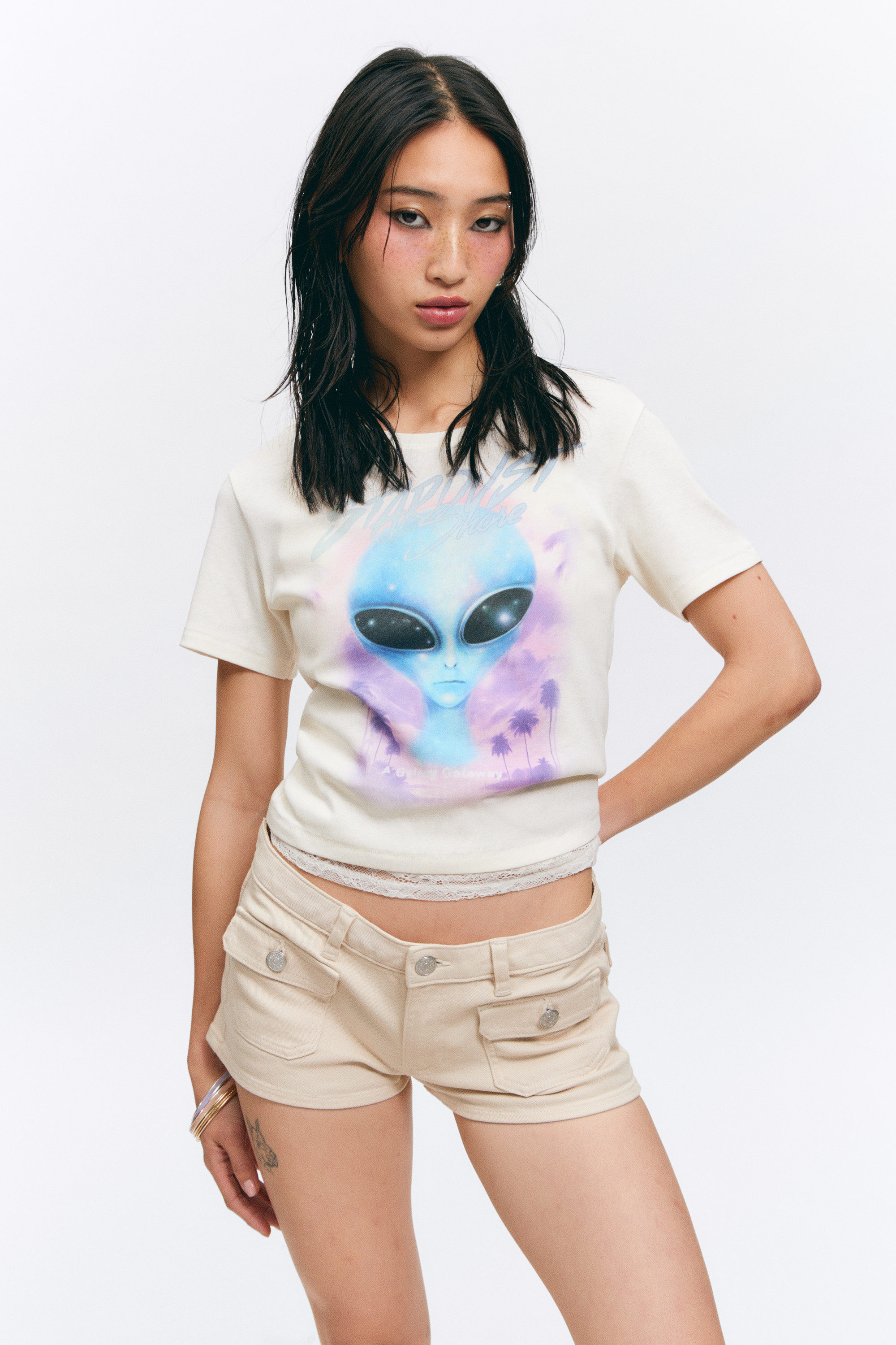 Dusty White - Stardust Shore - Cropped Printed Cotton T-Shirt - 1