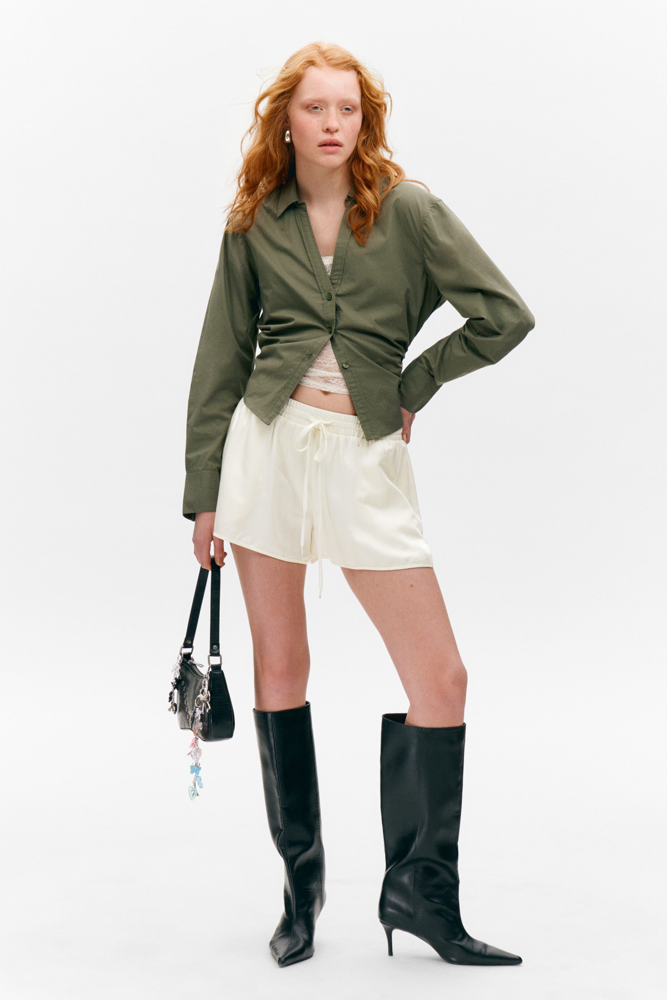 Dark Khaki Green - Cropped Open Back Shirt - 2