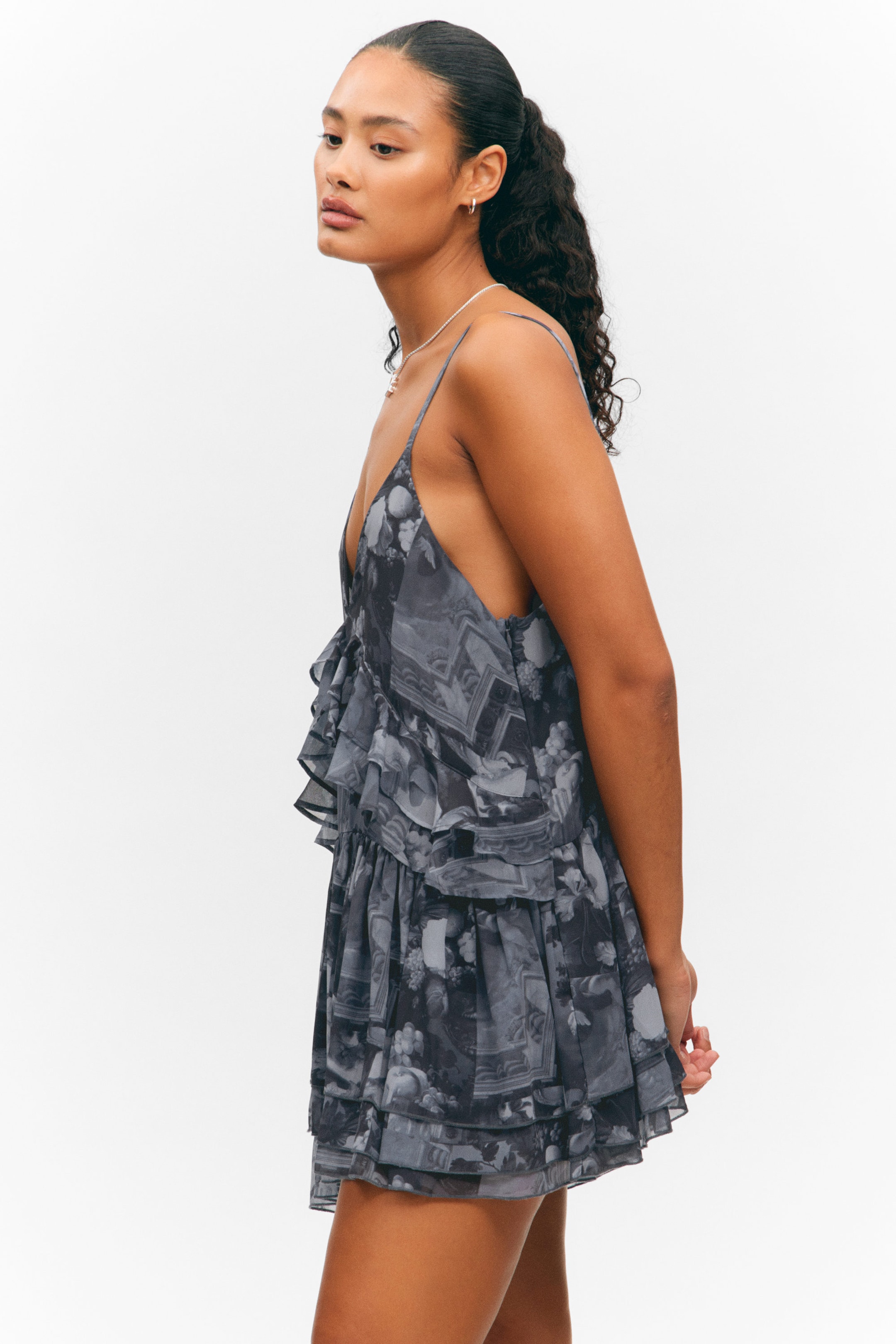 Dark Grey - Baroque Collage - Layered Ruffled Mini Cami Dress - 2