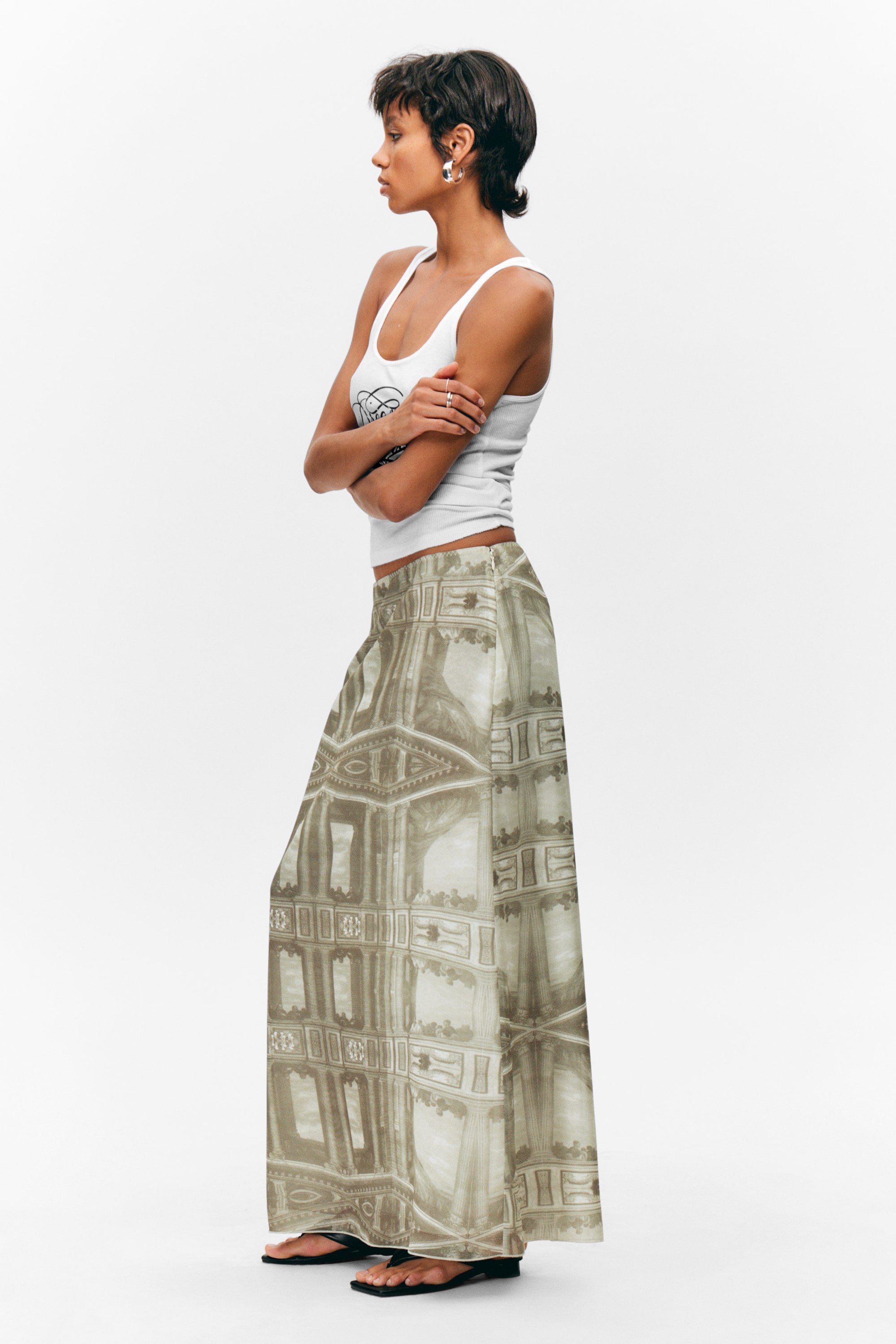 Khaki Green - Baroque Collage - Printed Low Rise Maxi Skirt - 2