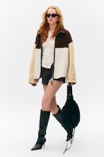 Brown/White/Yellow - Loose Fleece Zip Jacket - 2