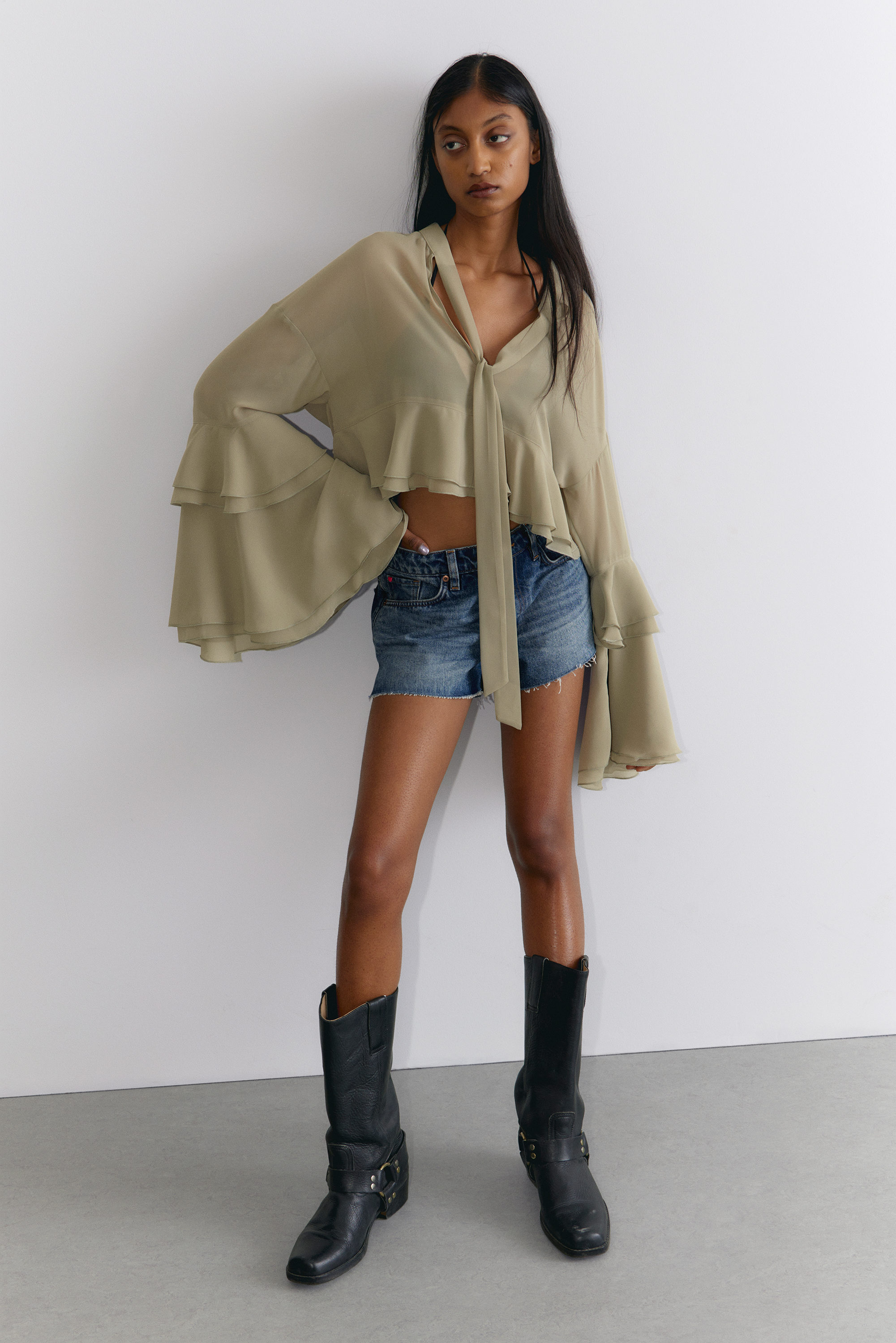 Khaki Green - Flared Frill-Sleeved Tie-Neck Blouse - 1