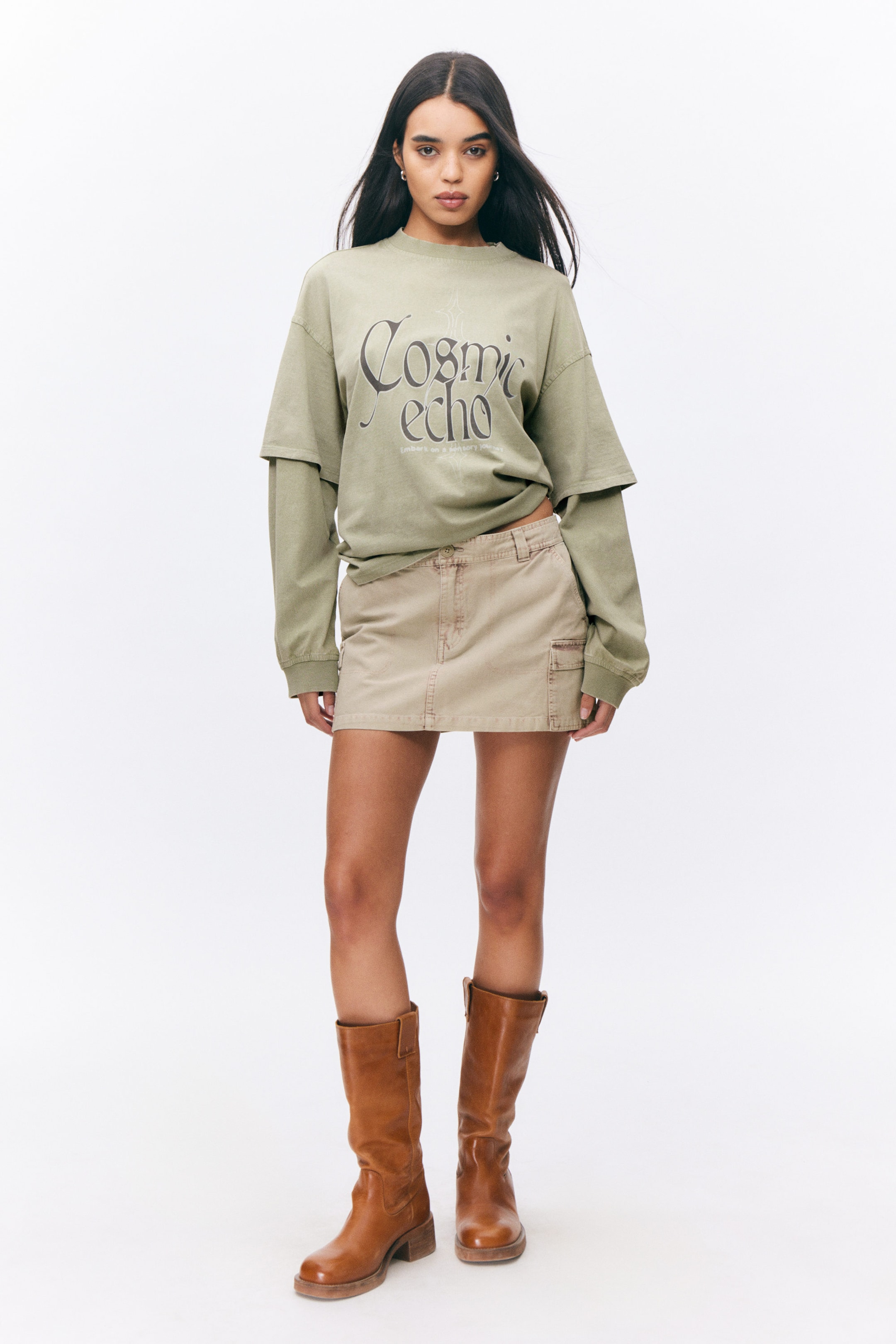 Light Khaki - Cosmic Echo - Long-Sleeved Double-Layered Oversized T-shirt - 2