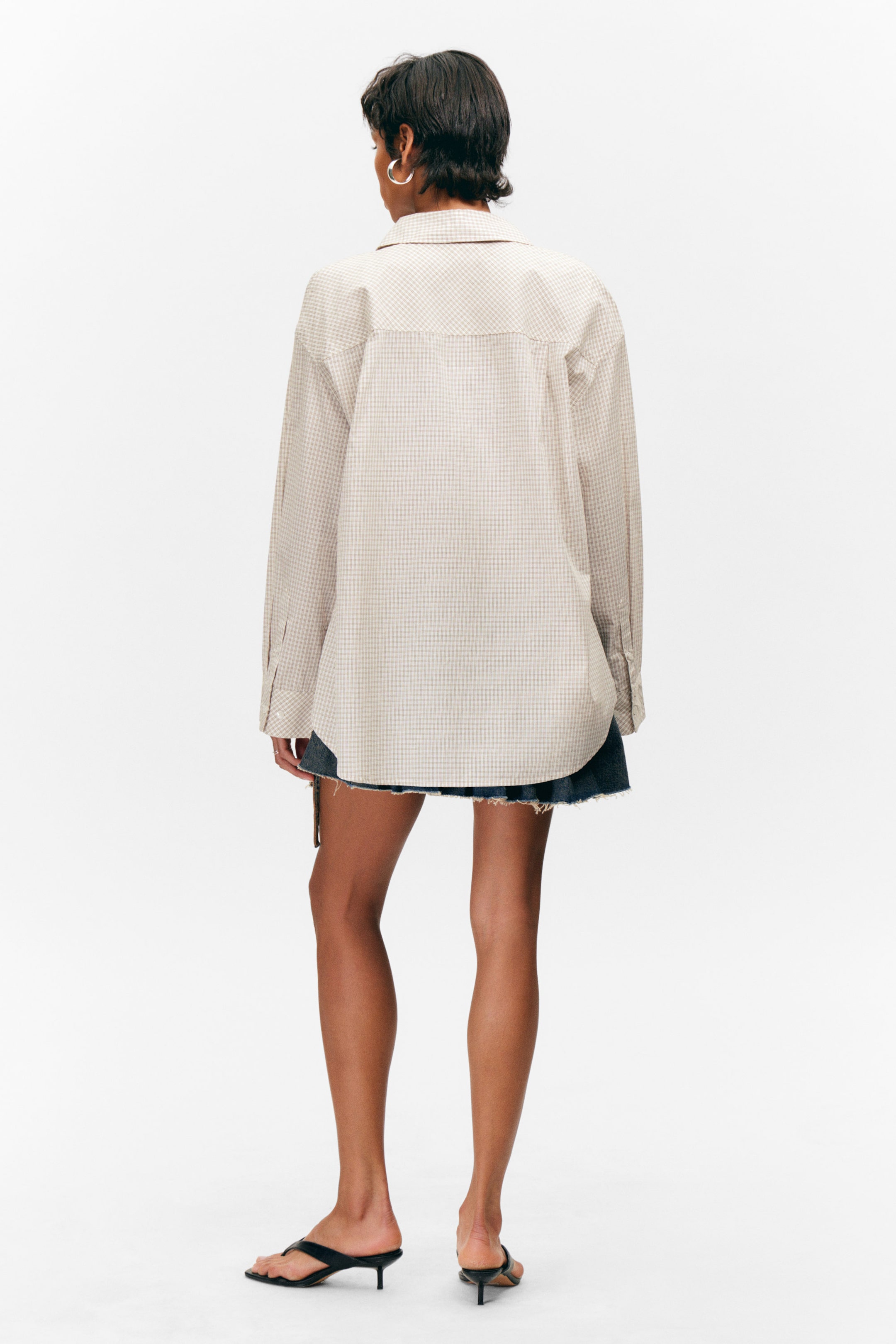 Checked Light Beige - Long-Sleeved Oversized Poplin Shirt - 3