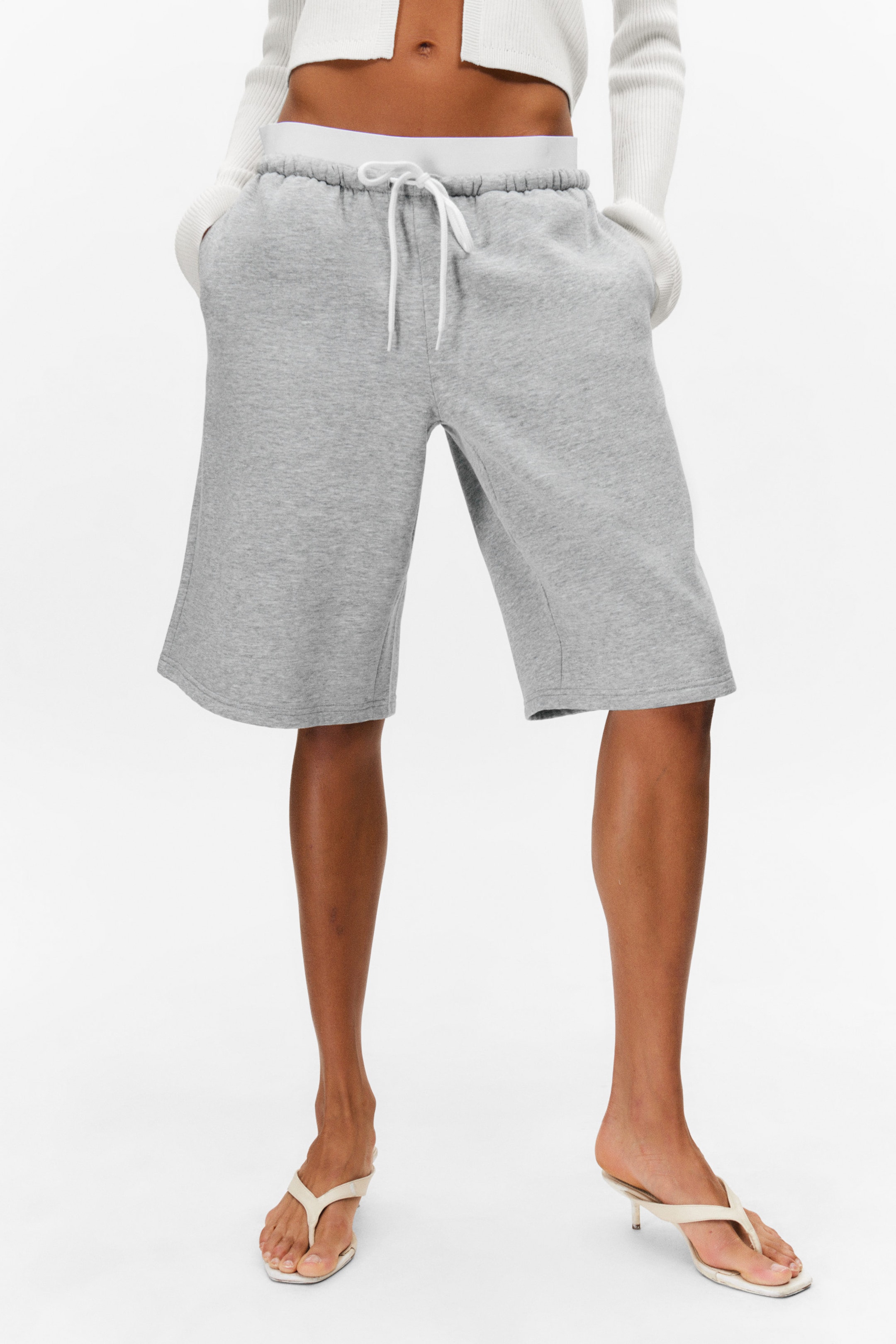 Grey Melange - Relaxed Low Rise Terry Bermuda Shorts - 1