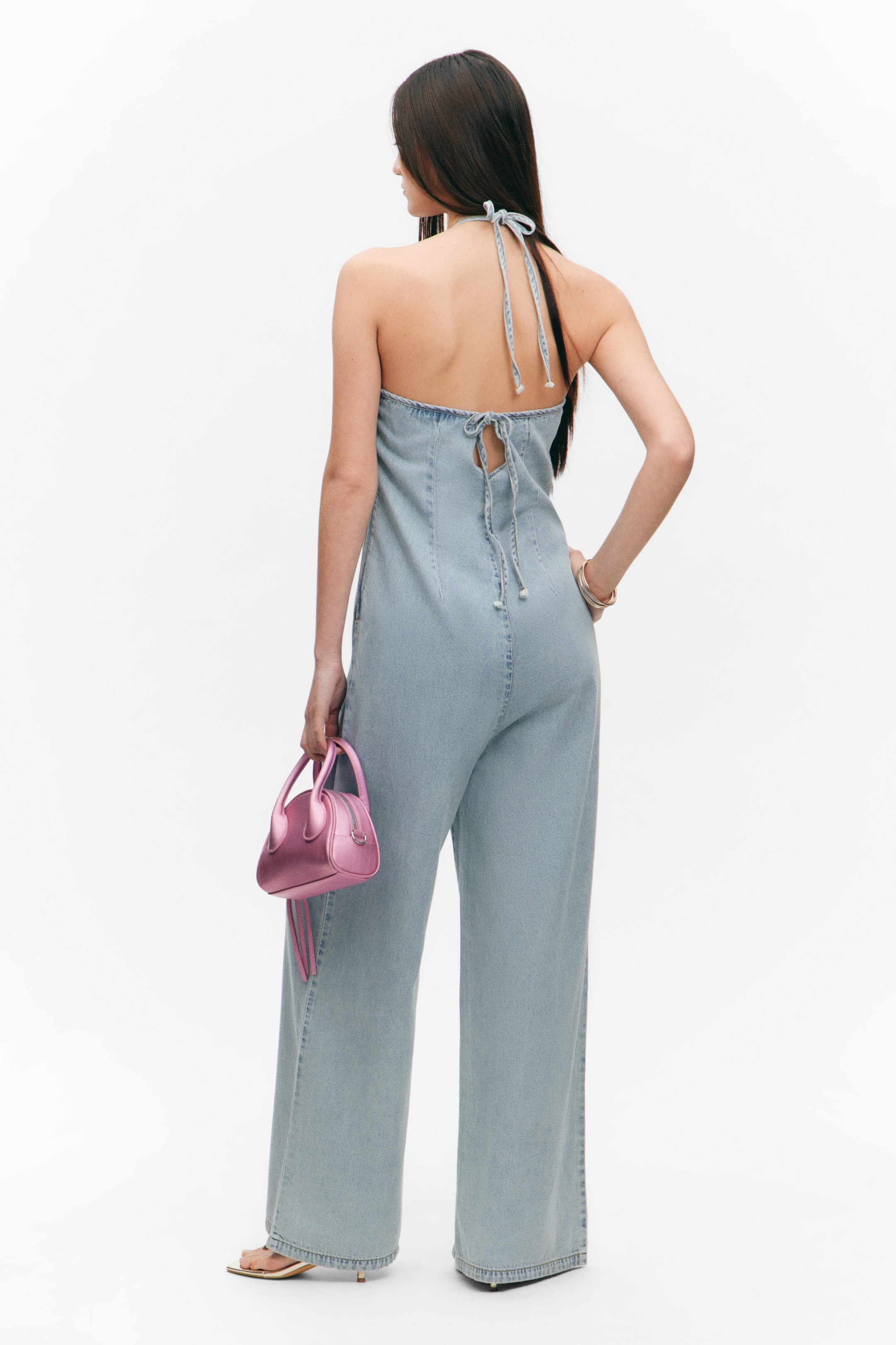 Space Blue - Light Blue - Halter Neck Denim Jumpsuit - 3
