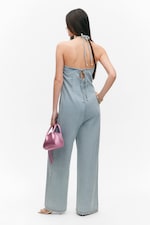 Space Blue - Light Blue - Halter Neck Denim Jumpsuit - 3