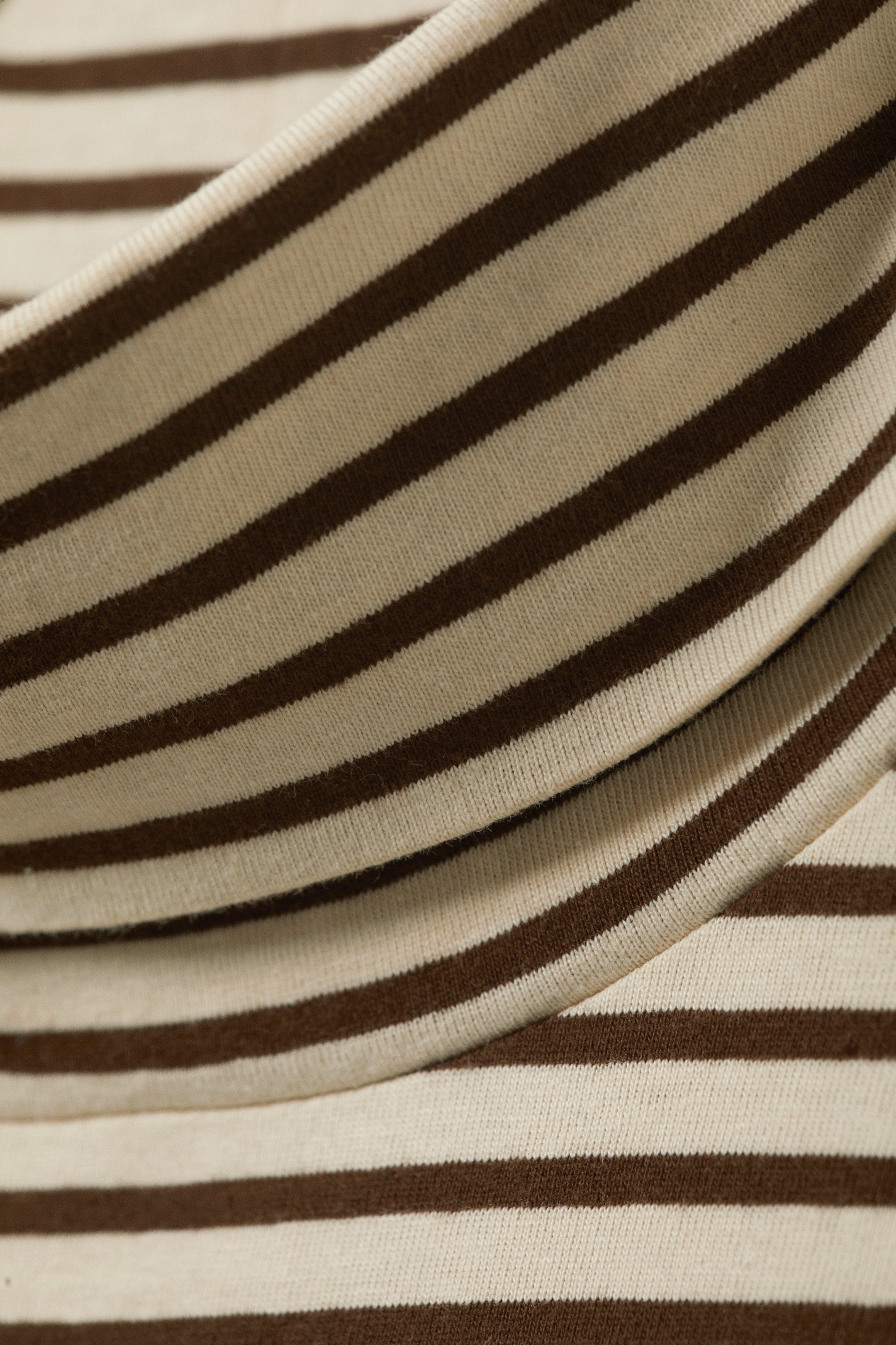 Beige & Dark Brown Stripes - Boxy Long-Sleeved Mock Turtleneck Top - 1