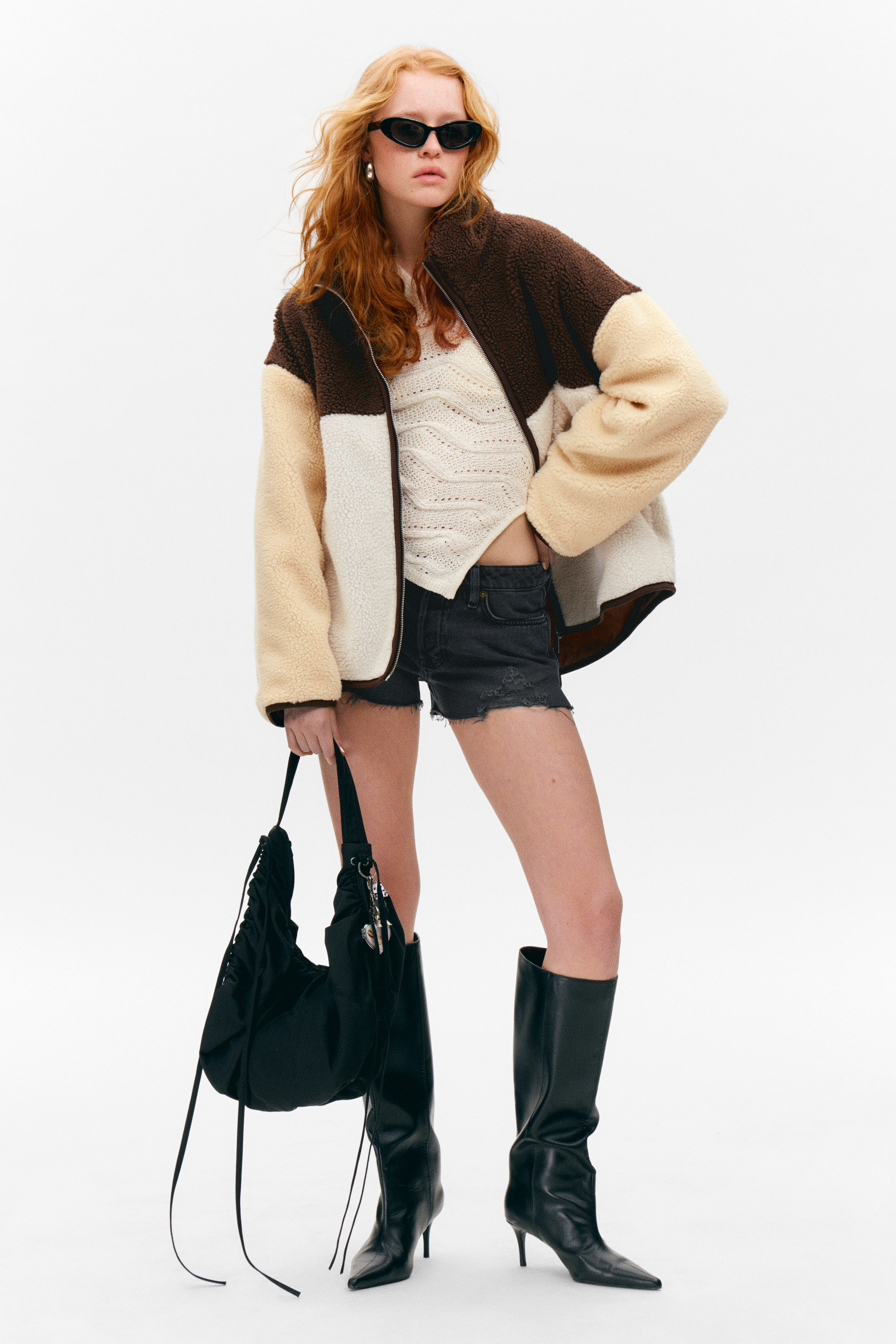 Brown/White/Yellow - Loose Fleece Zip Jacket - 1