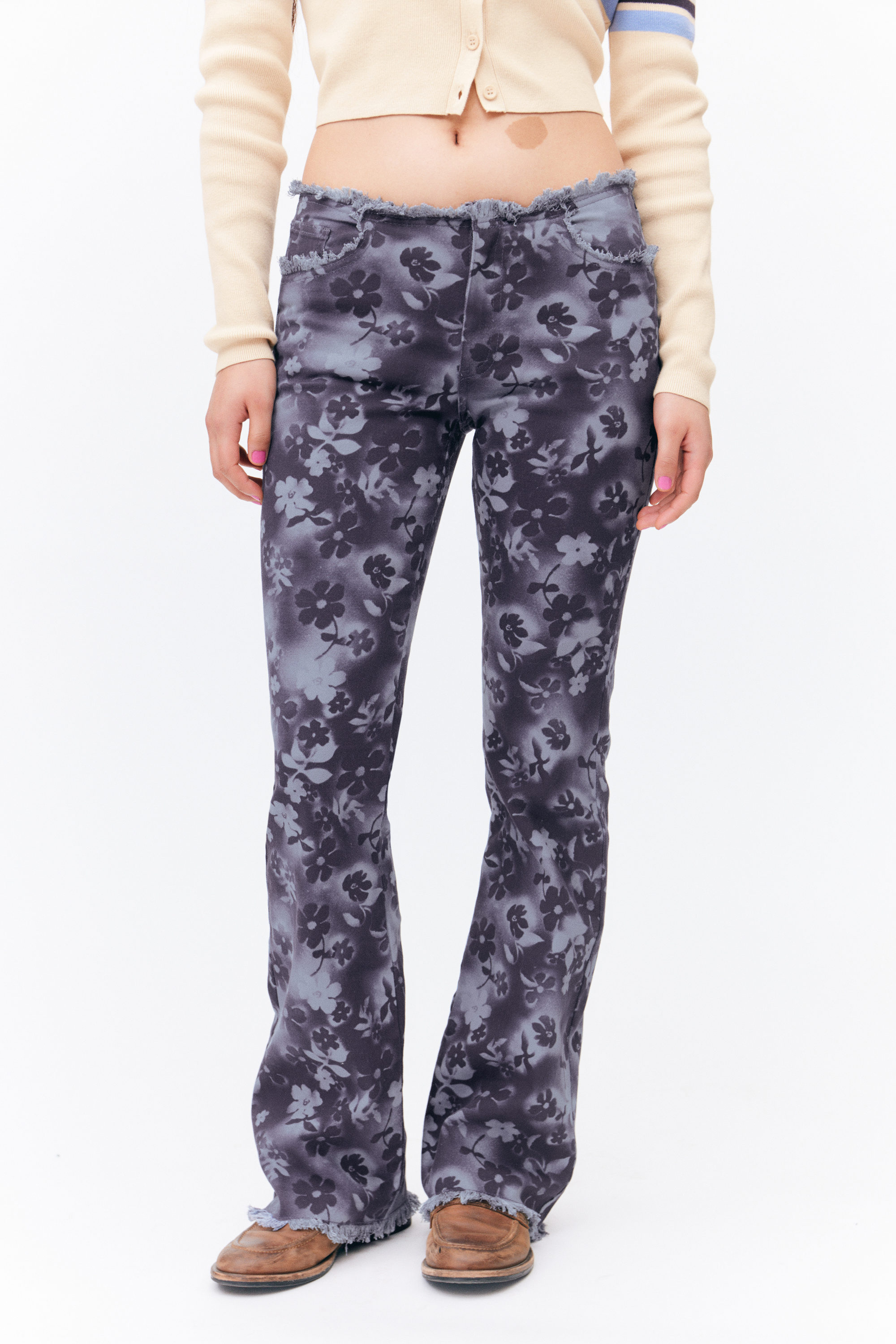 Blue Floral - Frayed Low Waist Twill Trousers - 1