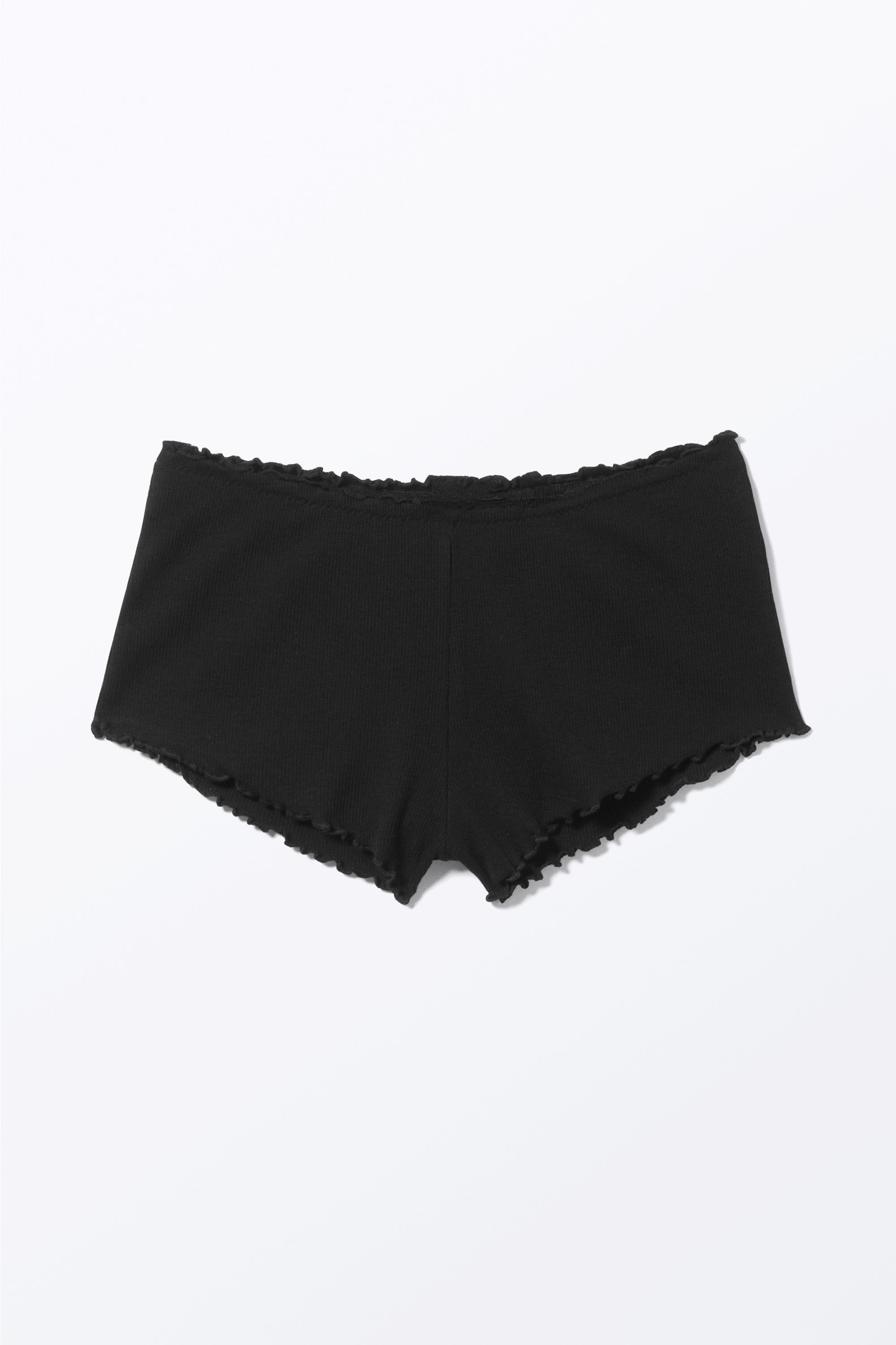 Black - Ribbed Frilled Mini Shorts - 0