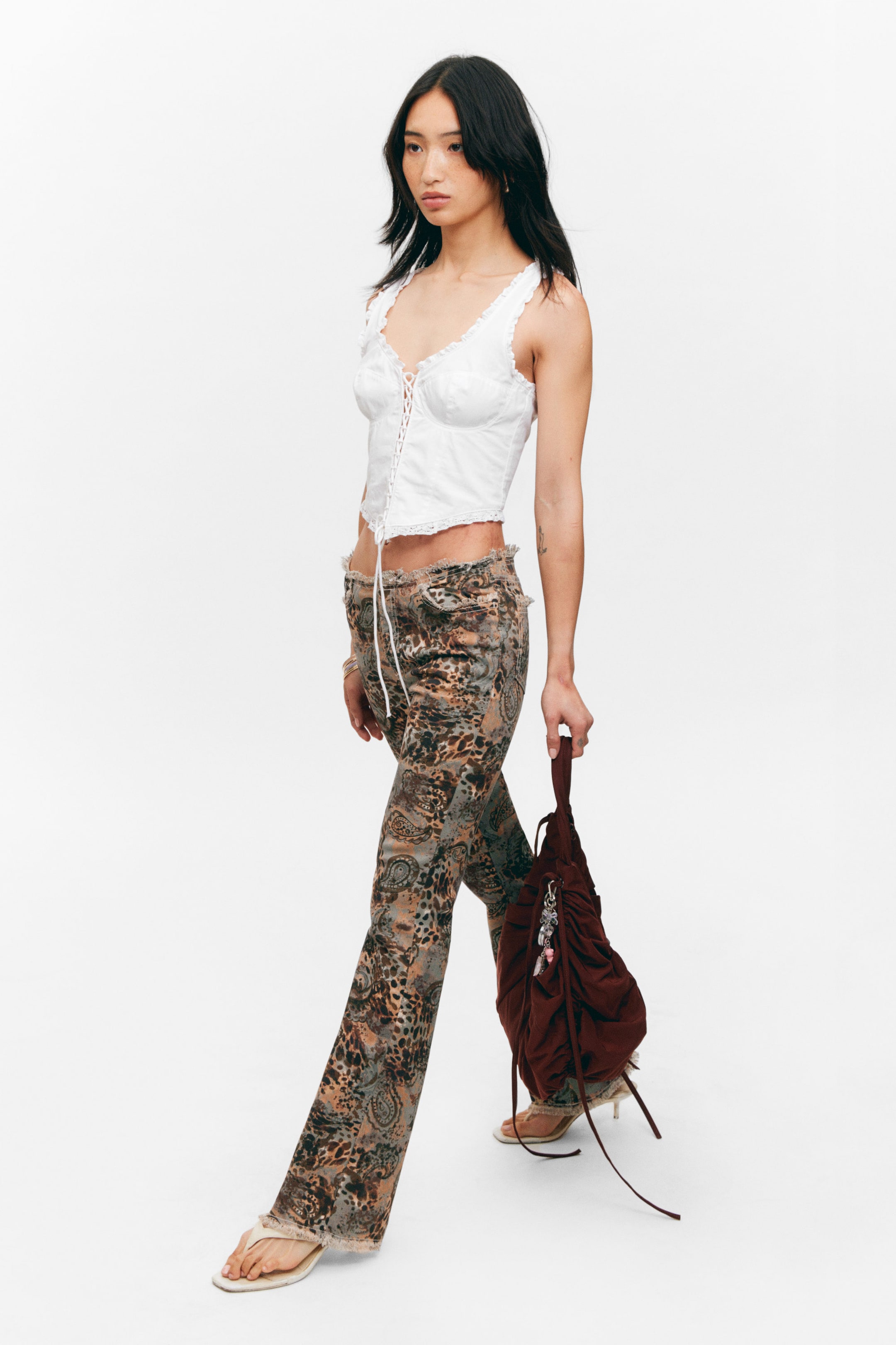 Paisley Patterned - Frayed Low Waist Twill Trousers - 2