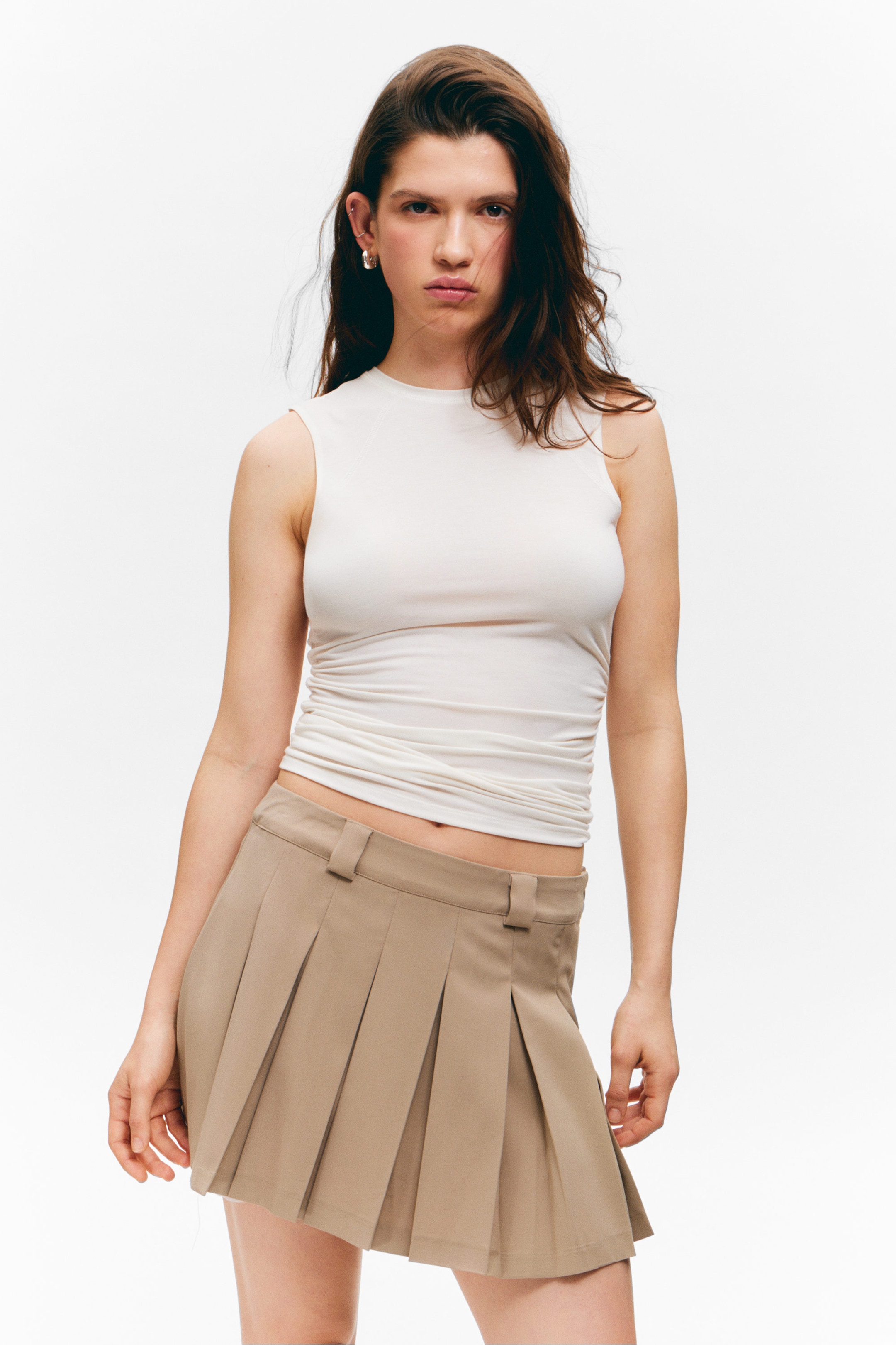 Dusty Beige - Low Pleated Mini Skirt - 2