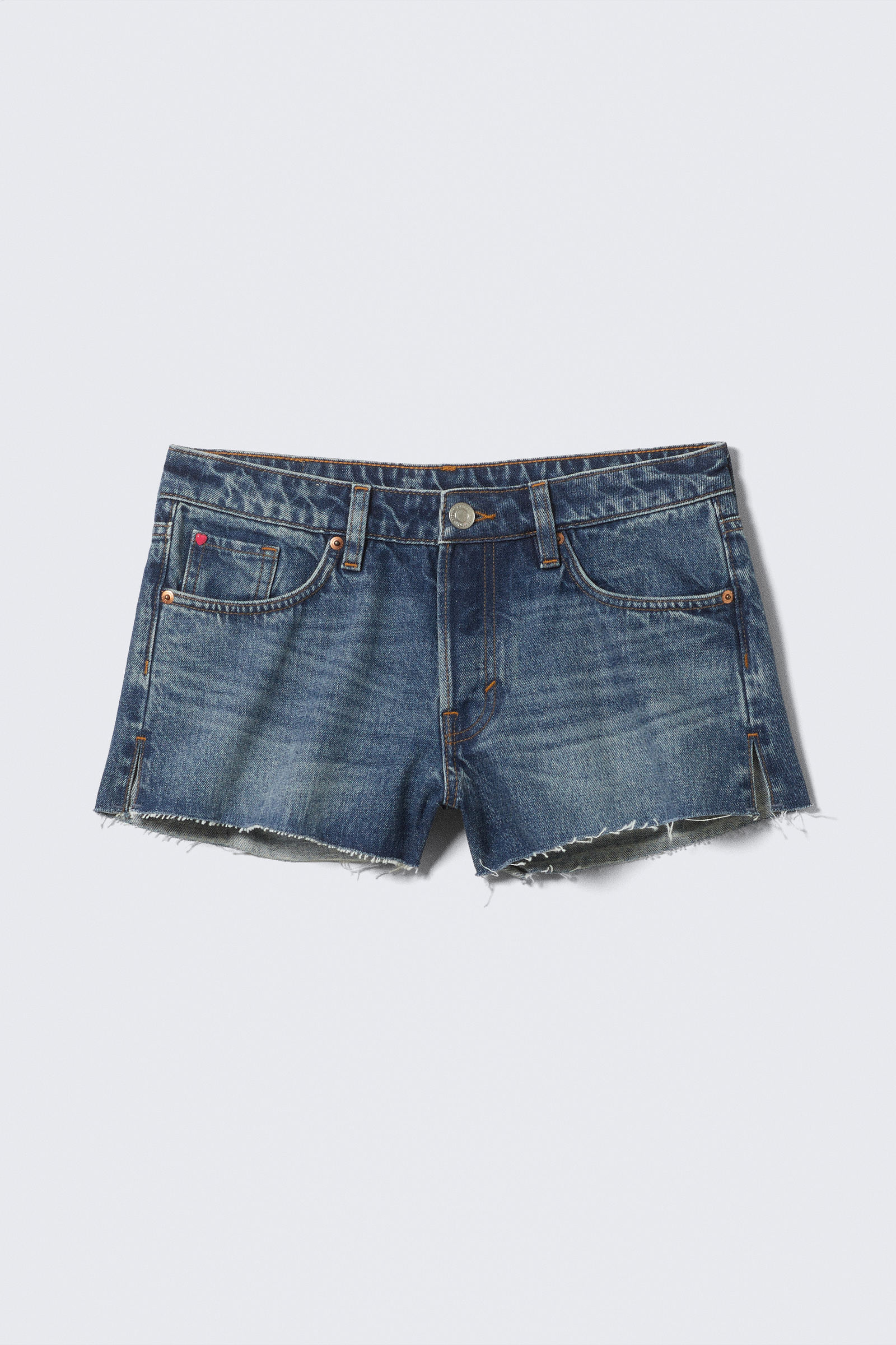 Low Rise Raw Hem Mini Denim Shorts