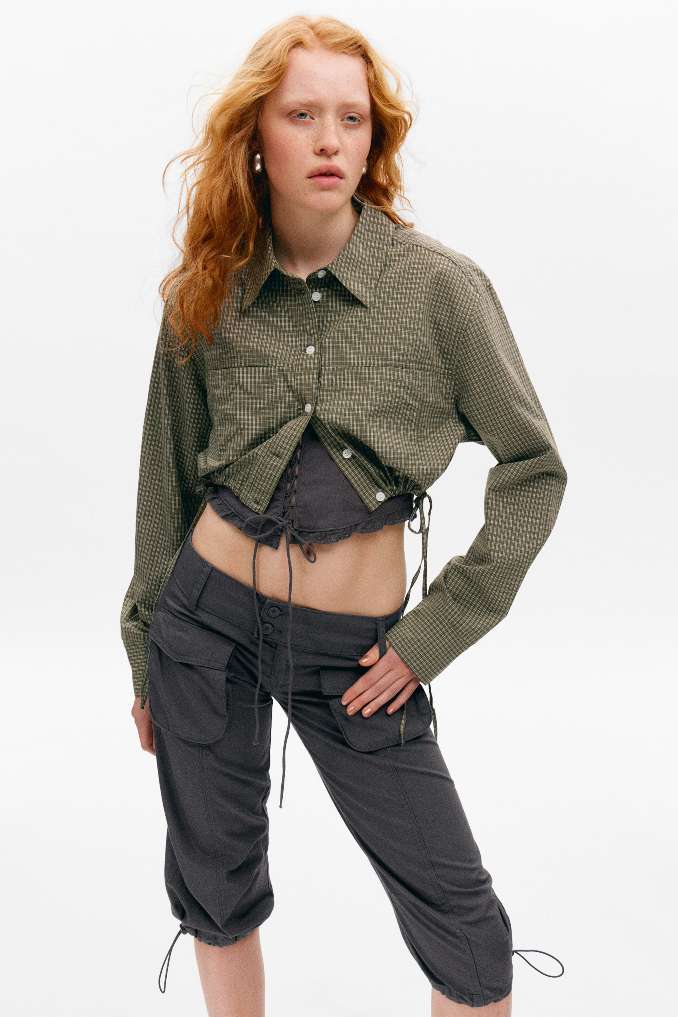 Checked Dark Khaki Green - Cropped Loose Cargo Shirt - 1