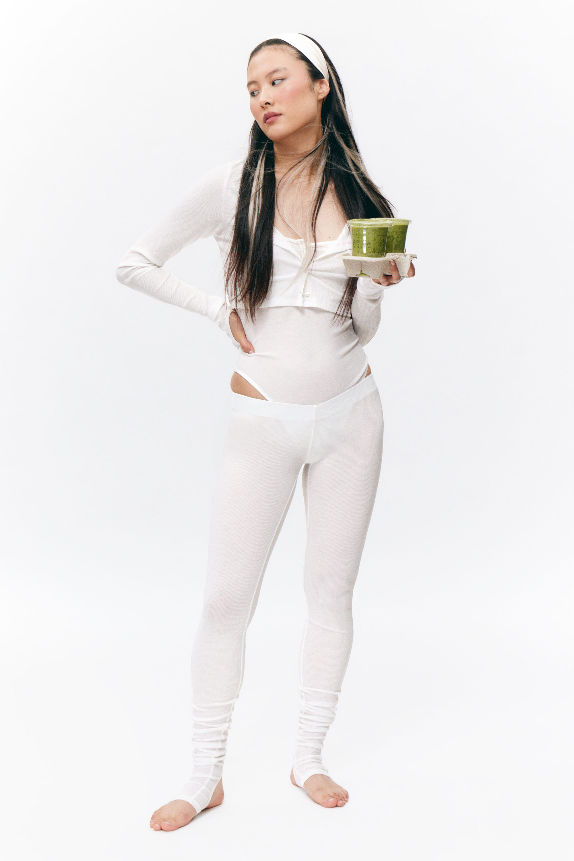 White - Sheer Ribbed Tights - 1