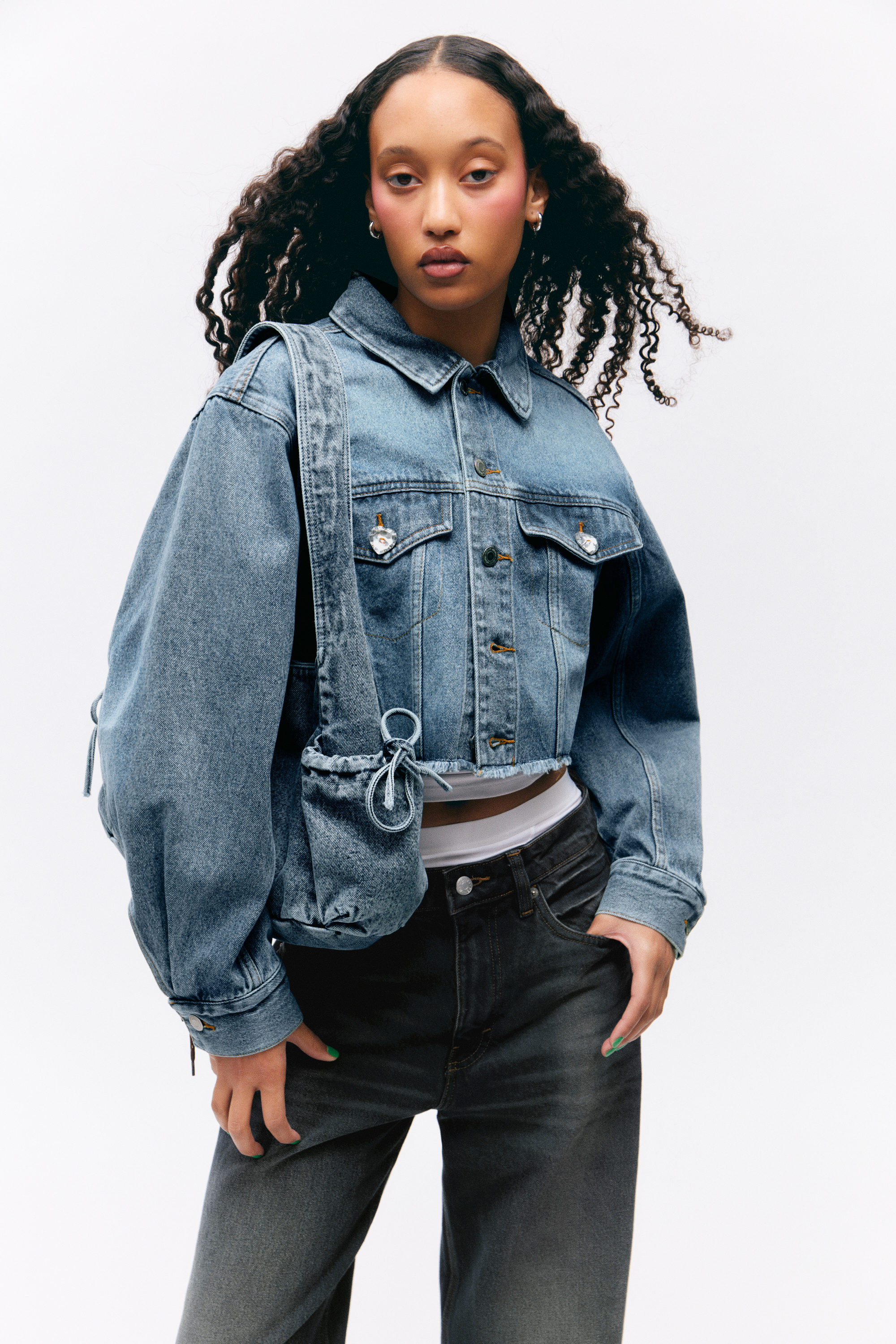 Starling Blue - Cropped Oversized Barrel-Sleeved Denim Jacket - 1