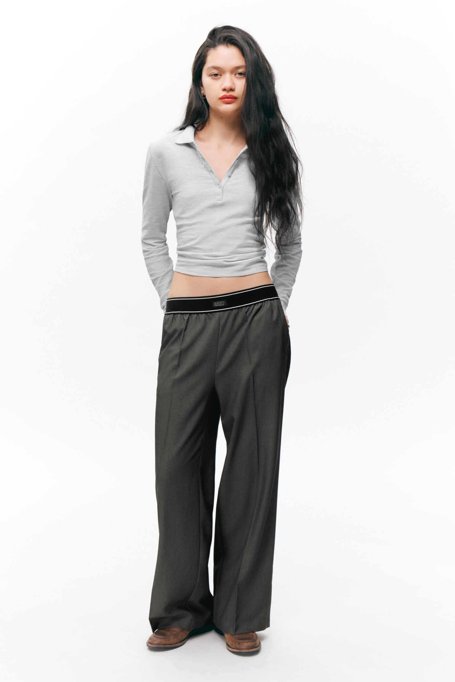 Loose Elastic Suiting Trousers - Dark Grey/Black/Checked Dark Blue