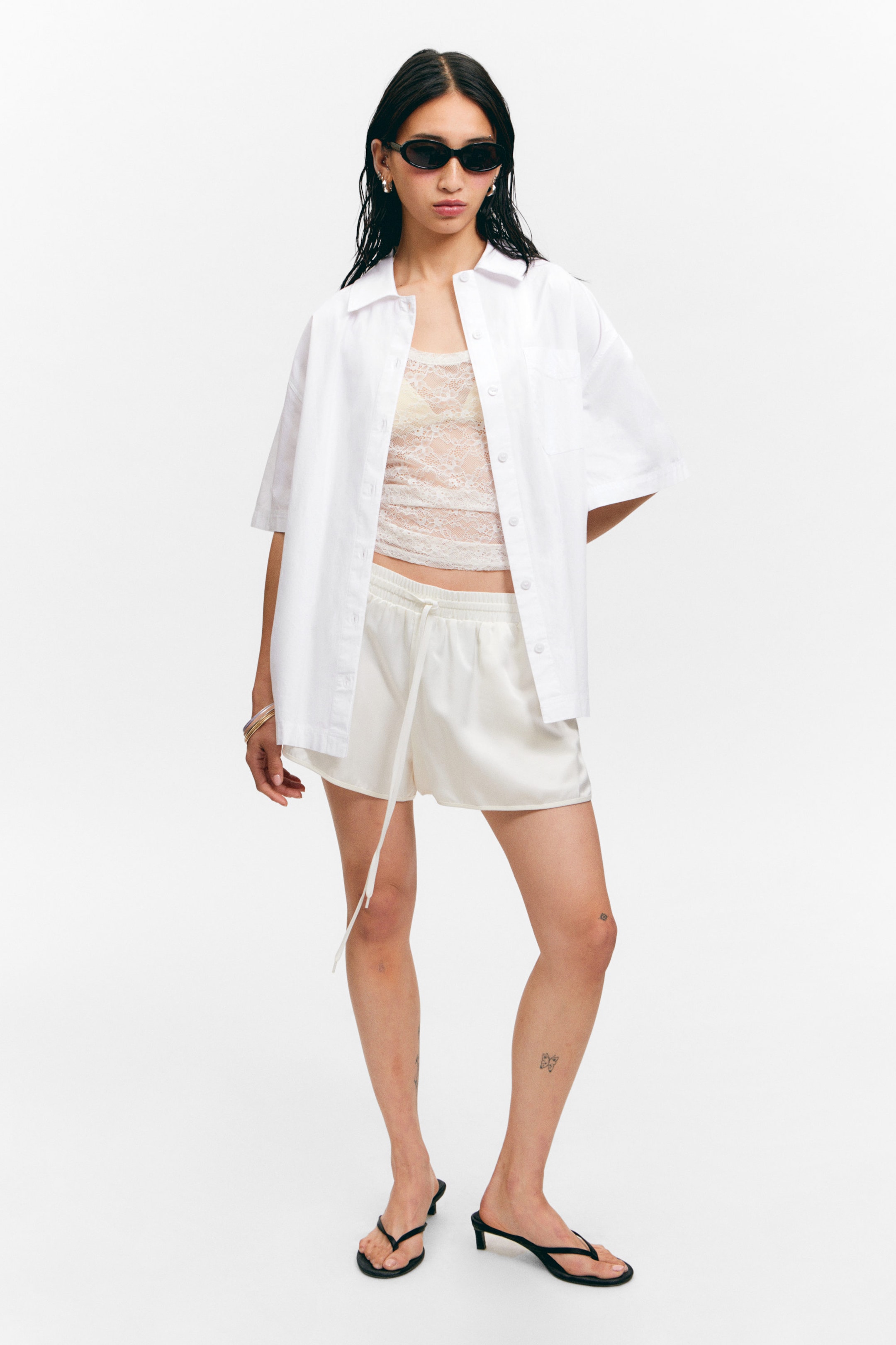 White - Oversized Short-Sleeved Cotton Poplin Shirt - 1