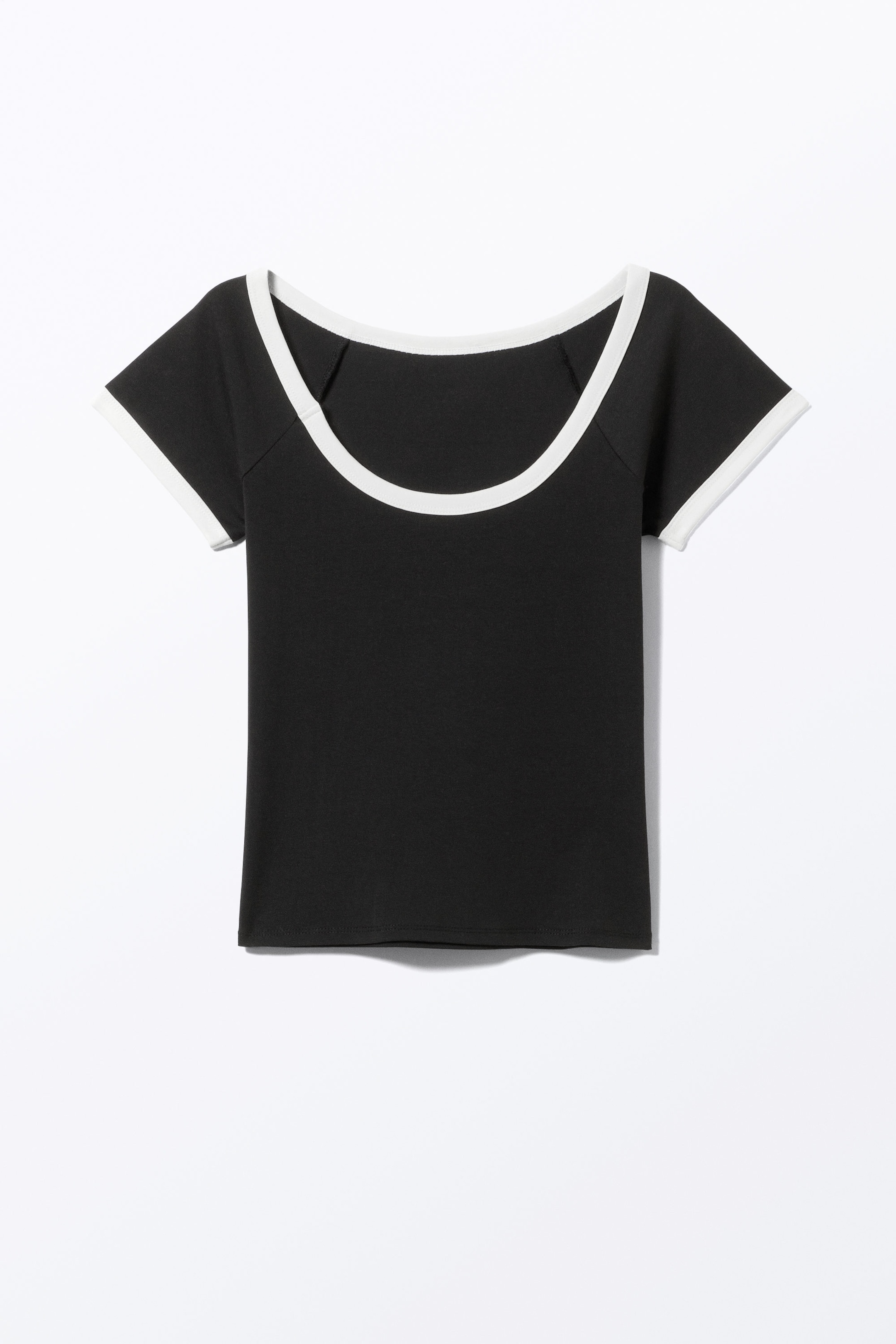 Black - White Binding - Short-Sleeved Cowl Neck Top - 1