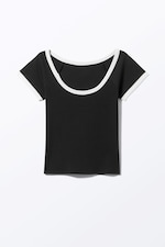 Black - White Binding - Short-Sleeved Cowl Neck Top - 1