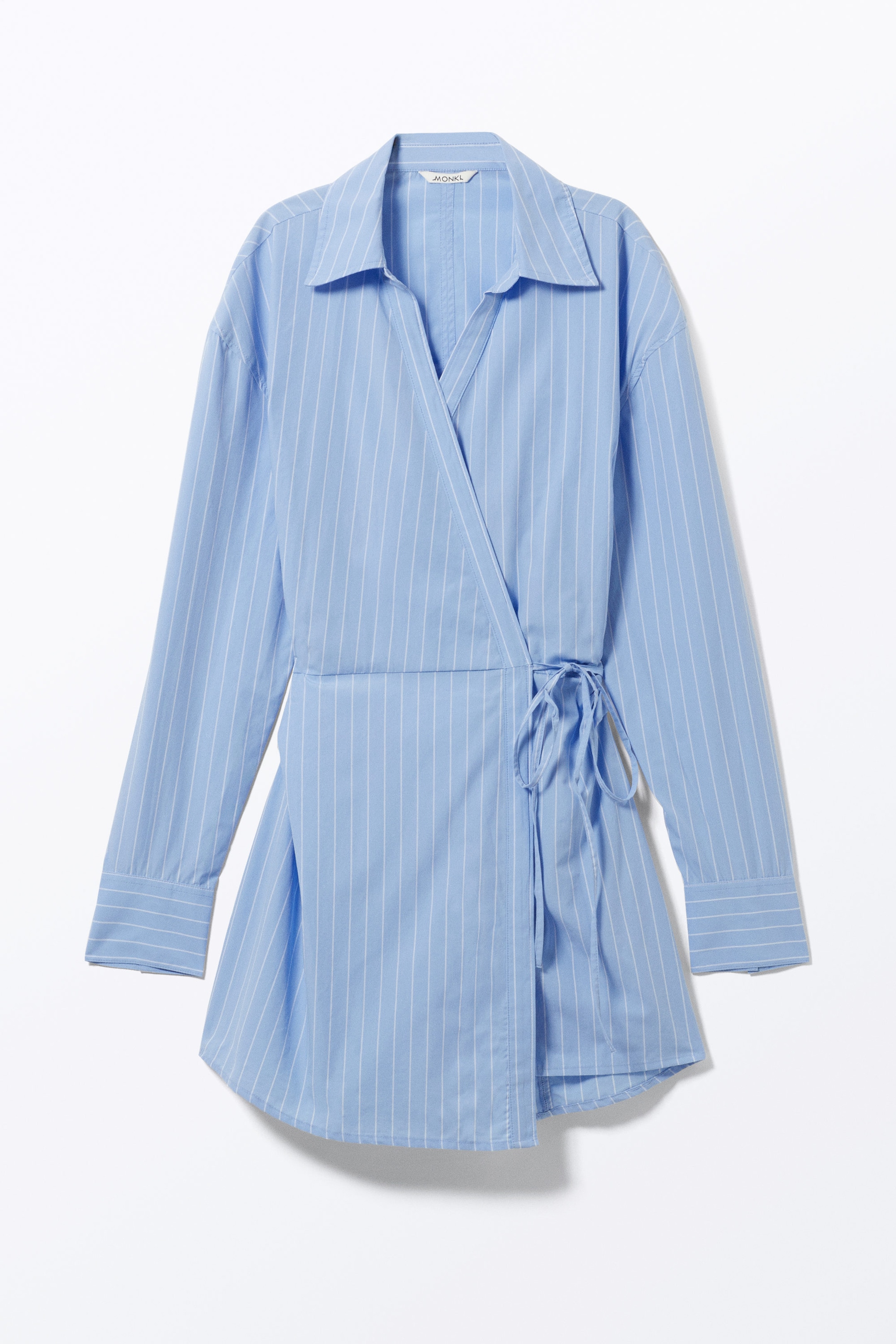 Light Blue Pinstripe - Long-Sleeved Mini Wrap Shirt Dress - 1