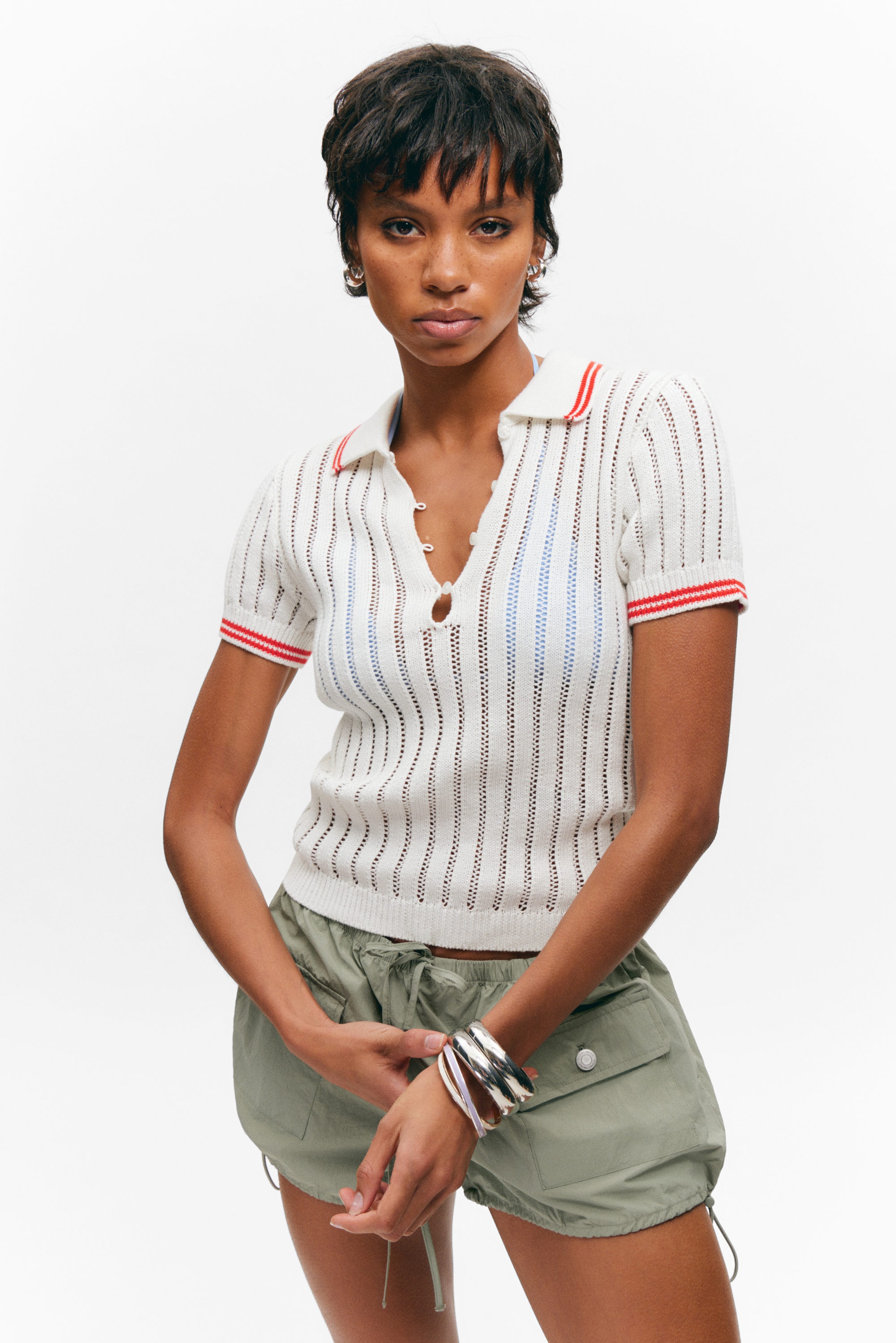 White - Red Stripes - Knitted Short-Sleeved Cotton Polo Top - 1