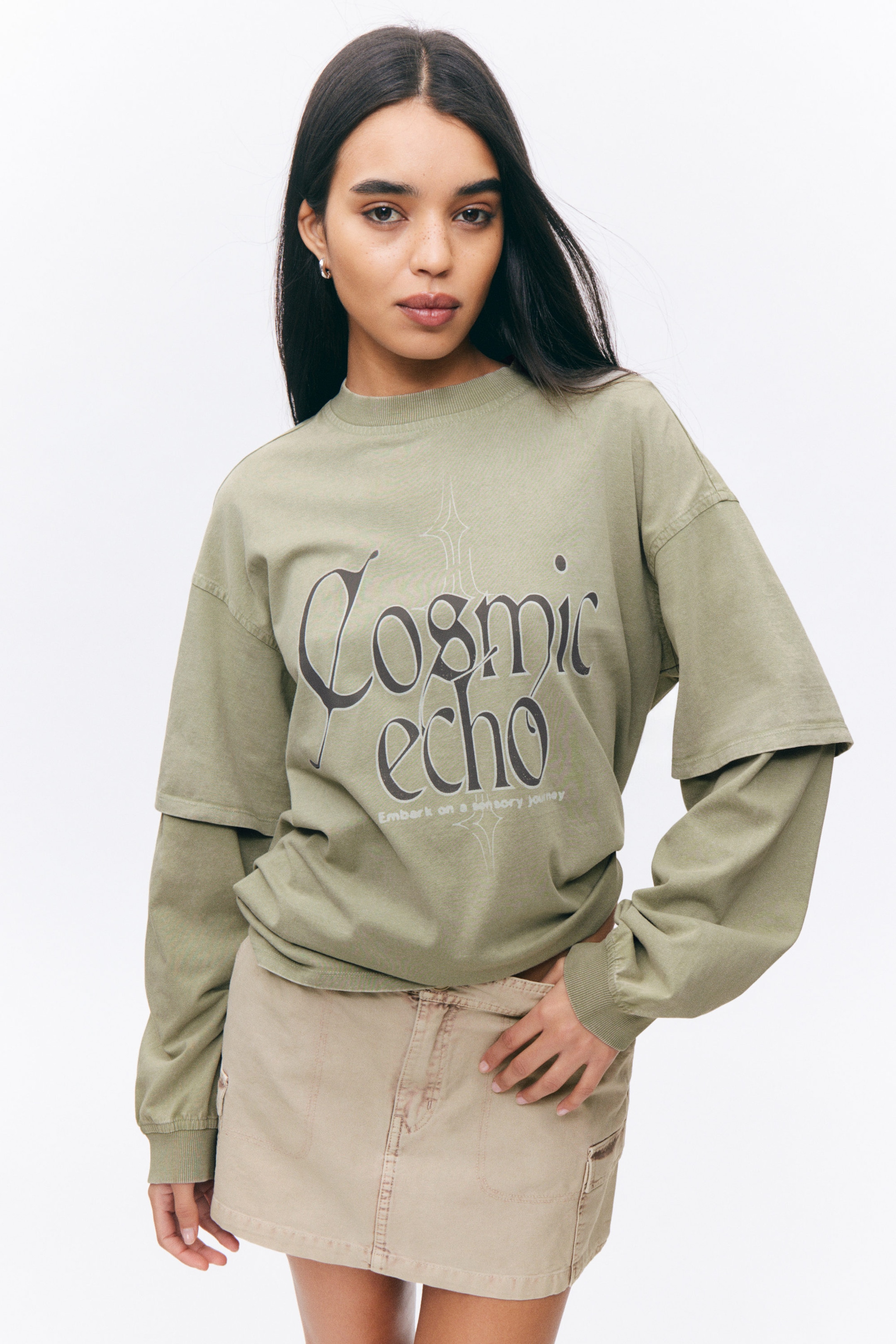 Light Khaki - Cosmic Echo - Long-Sleeved Double-Layered Oversized T-shirt - 1