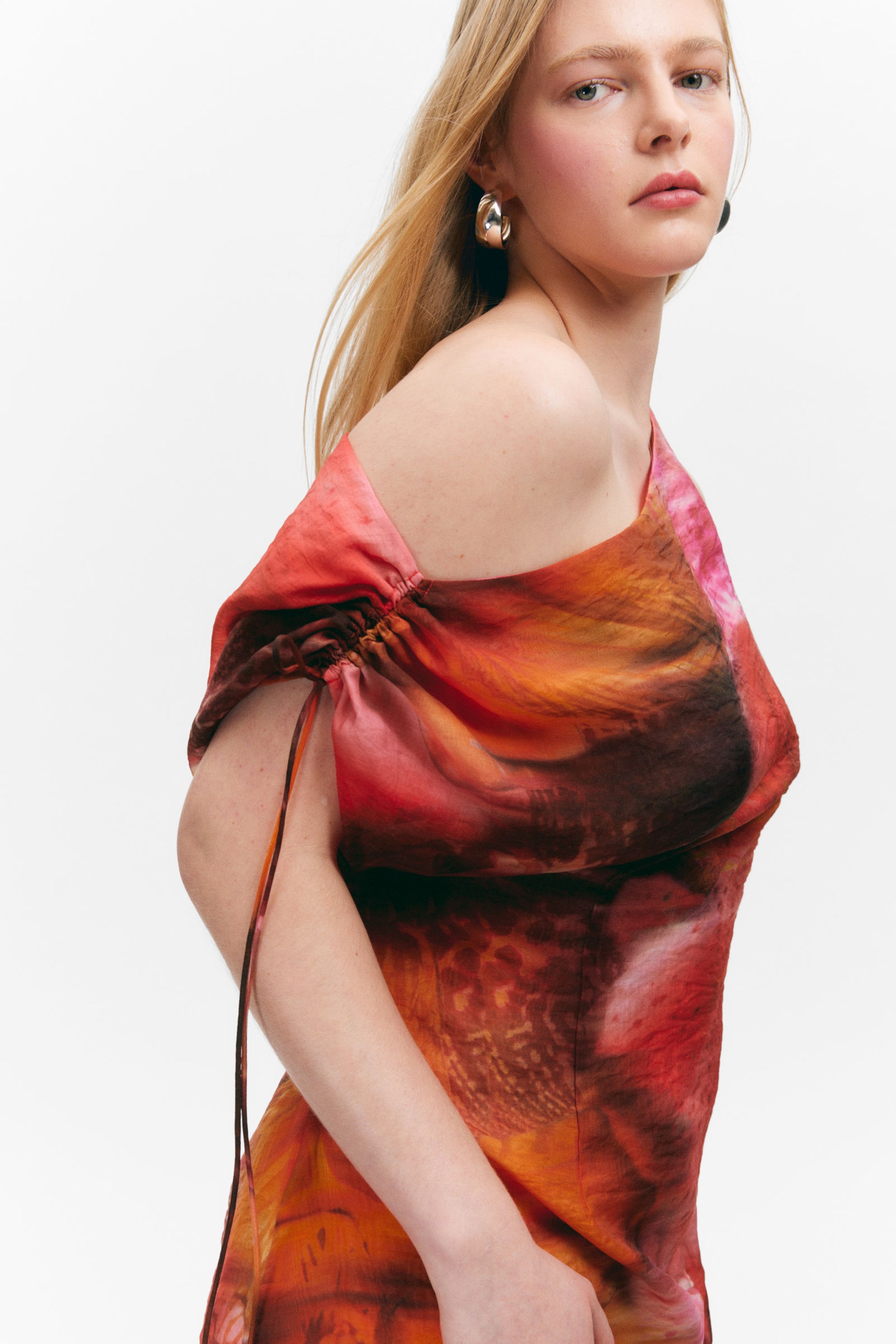 Orange/Red - Calypso Flower - Asymmetric Draped Mini Dress - 2