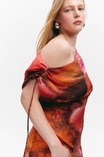 Orange/Red - Calypso Flower - Asymmetric Draped Mini Dress - 1