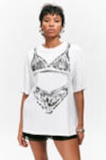 White - Lingerie Print - Oversized Cotton T-shirt - 0