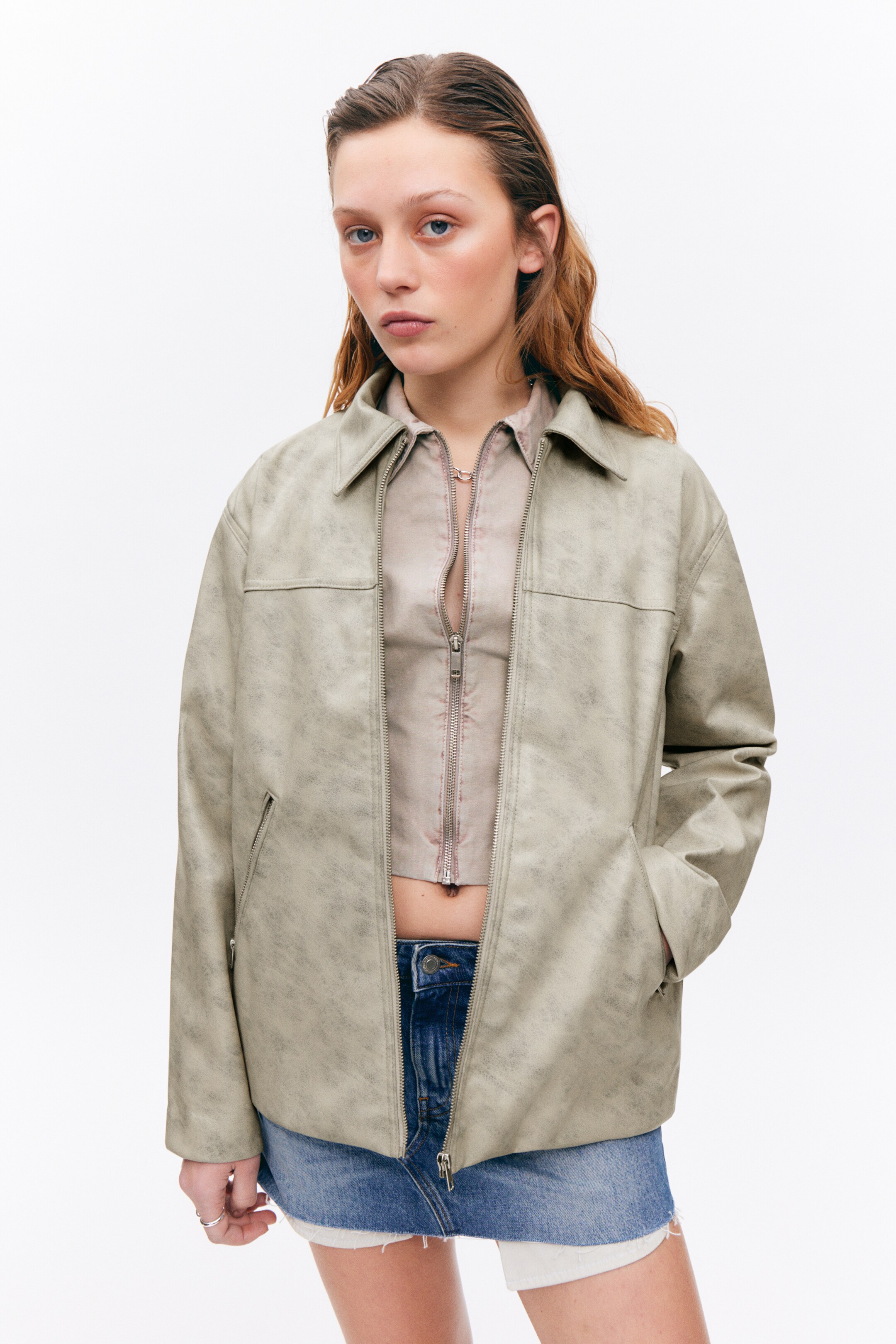 View larger image: Faux-leather zip-up biker jacket - Beige melange - Ladies | H&M GB 1