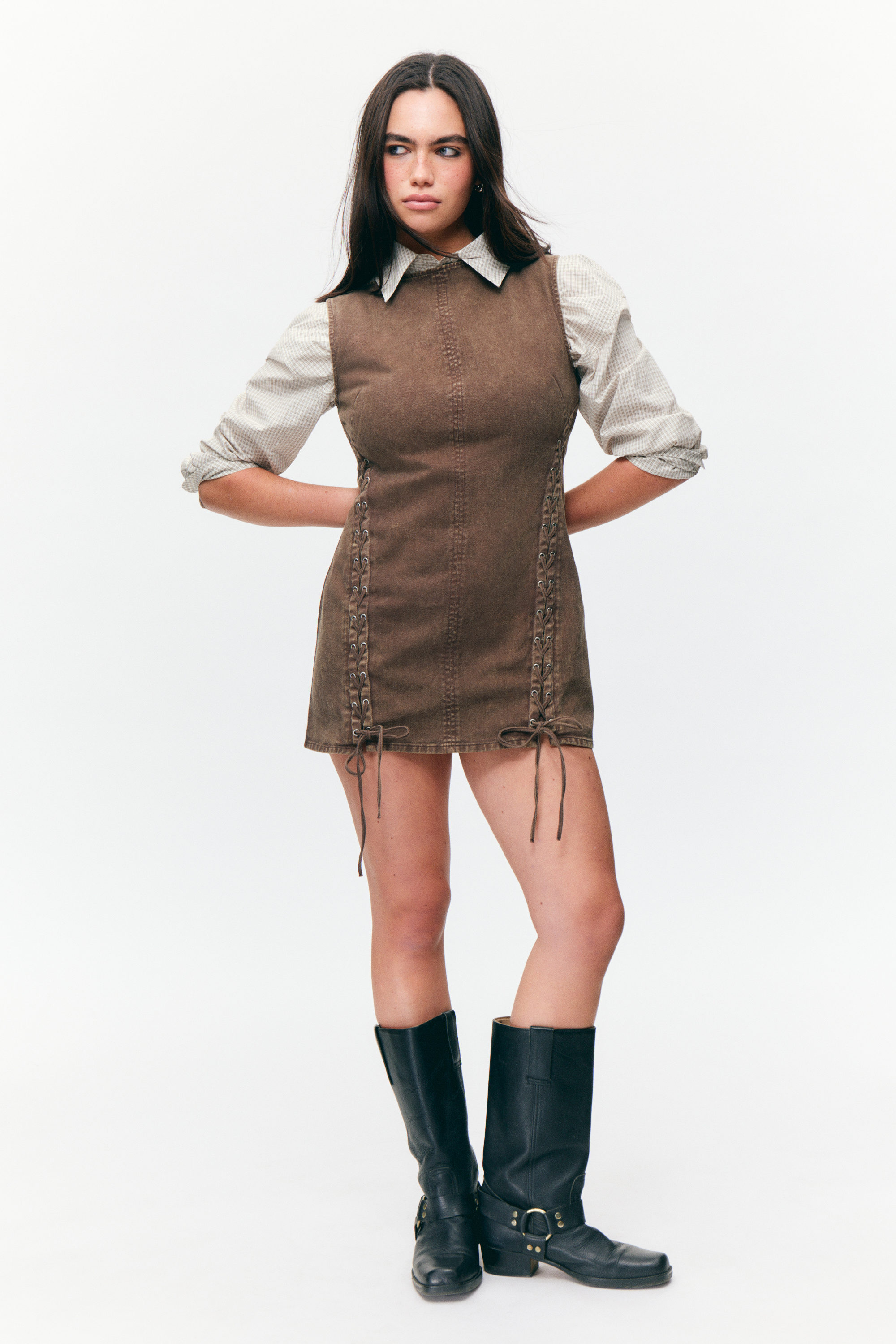Washed Dark Brown - Sleeveless Lace-Up Mini Dress - 1