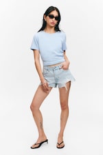 Light Blue - Cropped Fitted Cotton T-Shirt - 0