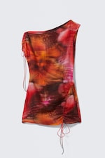 Orange/Red - Calypso Flower - Asymmetric Draped Mini Dress - 4