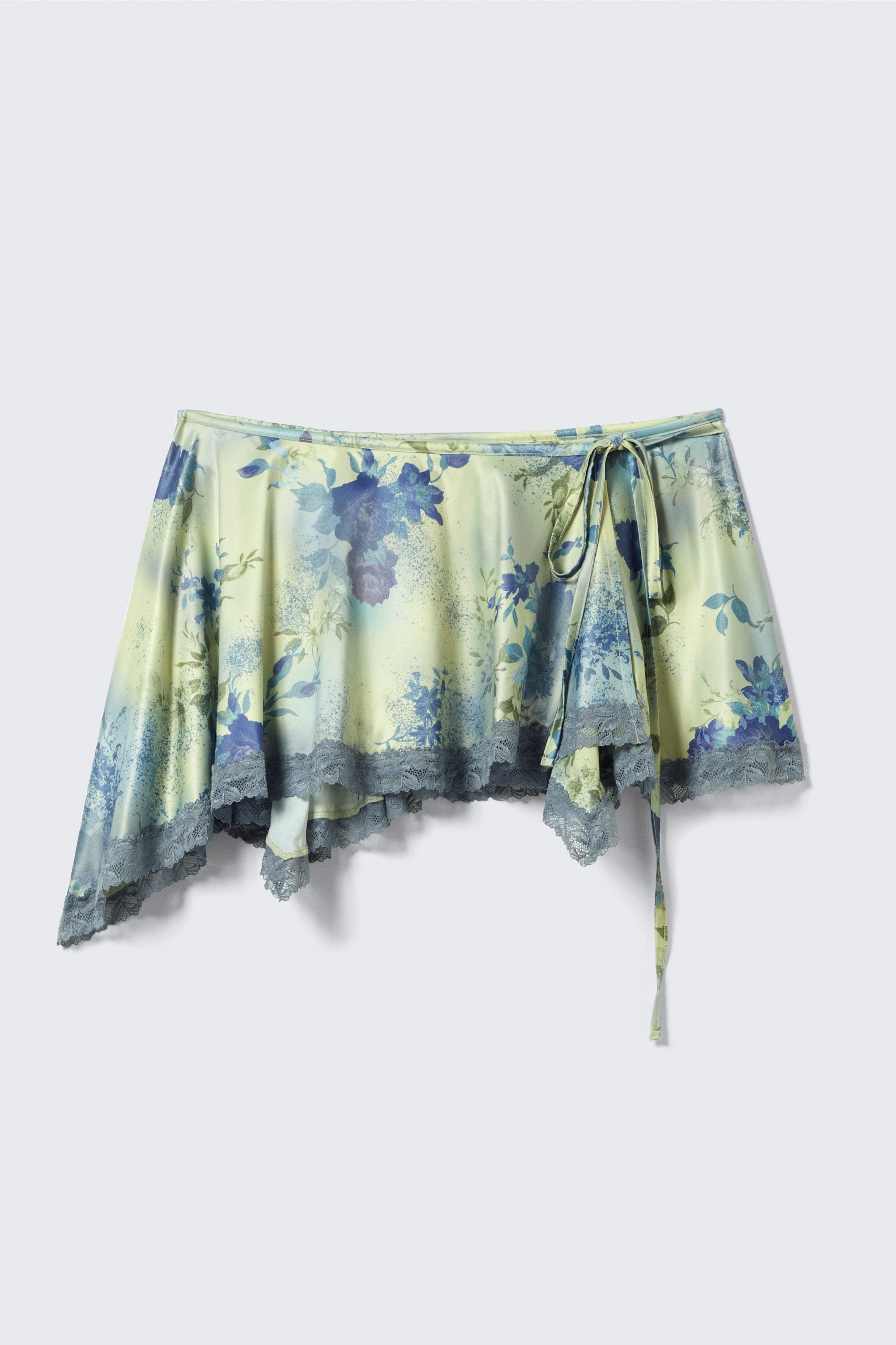 Ljusgul - Blå-blommig - Minikjol med omlott och spets - 1