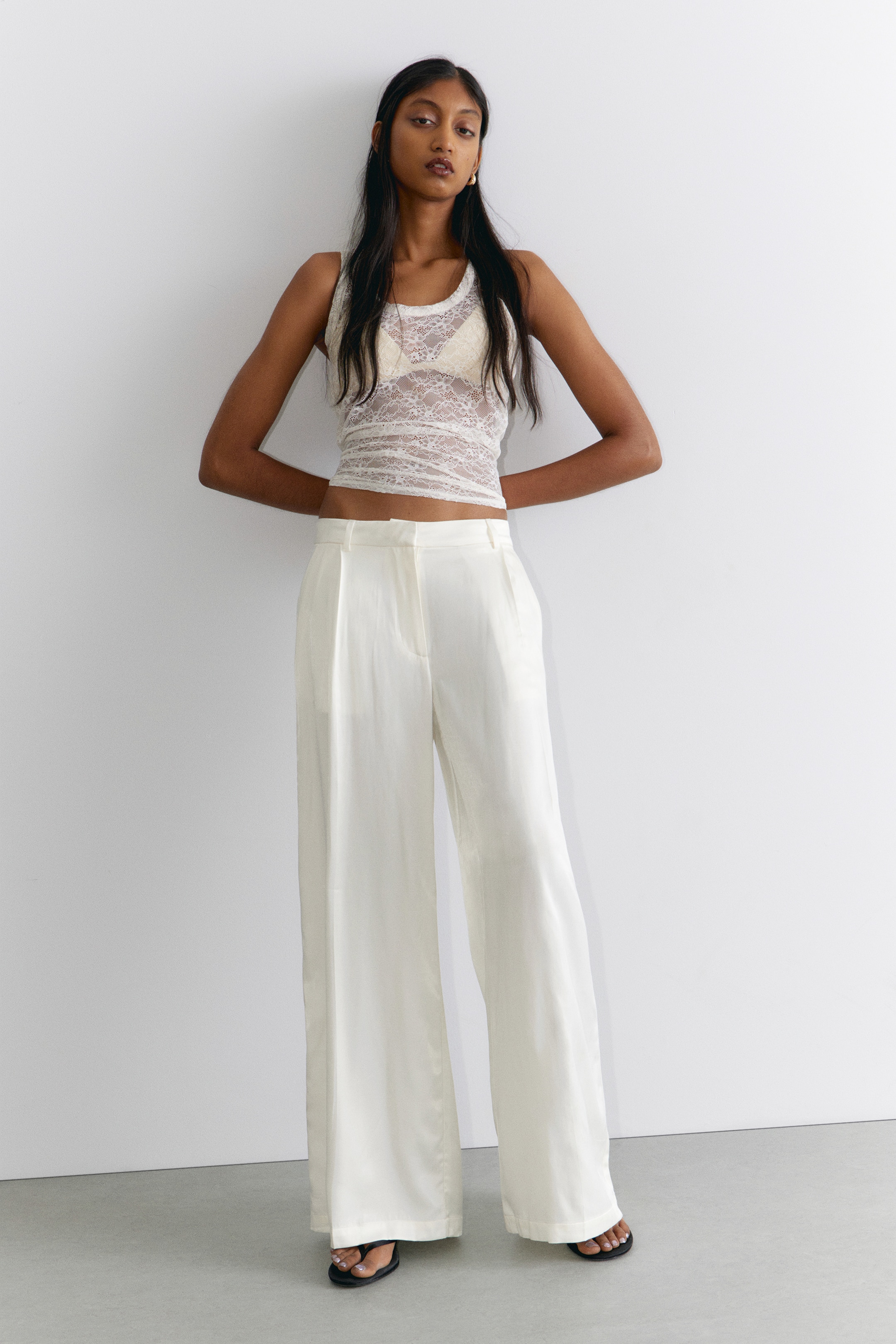 View larger image: Pleated High Waist Wide Leg Suiting Trousers - White Satin - Ladies | H&M GB 1