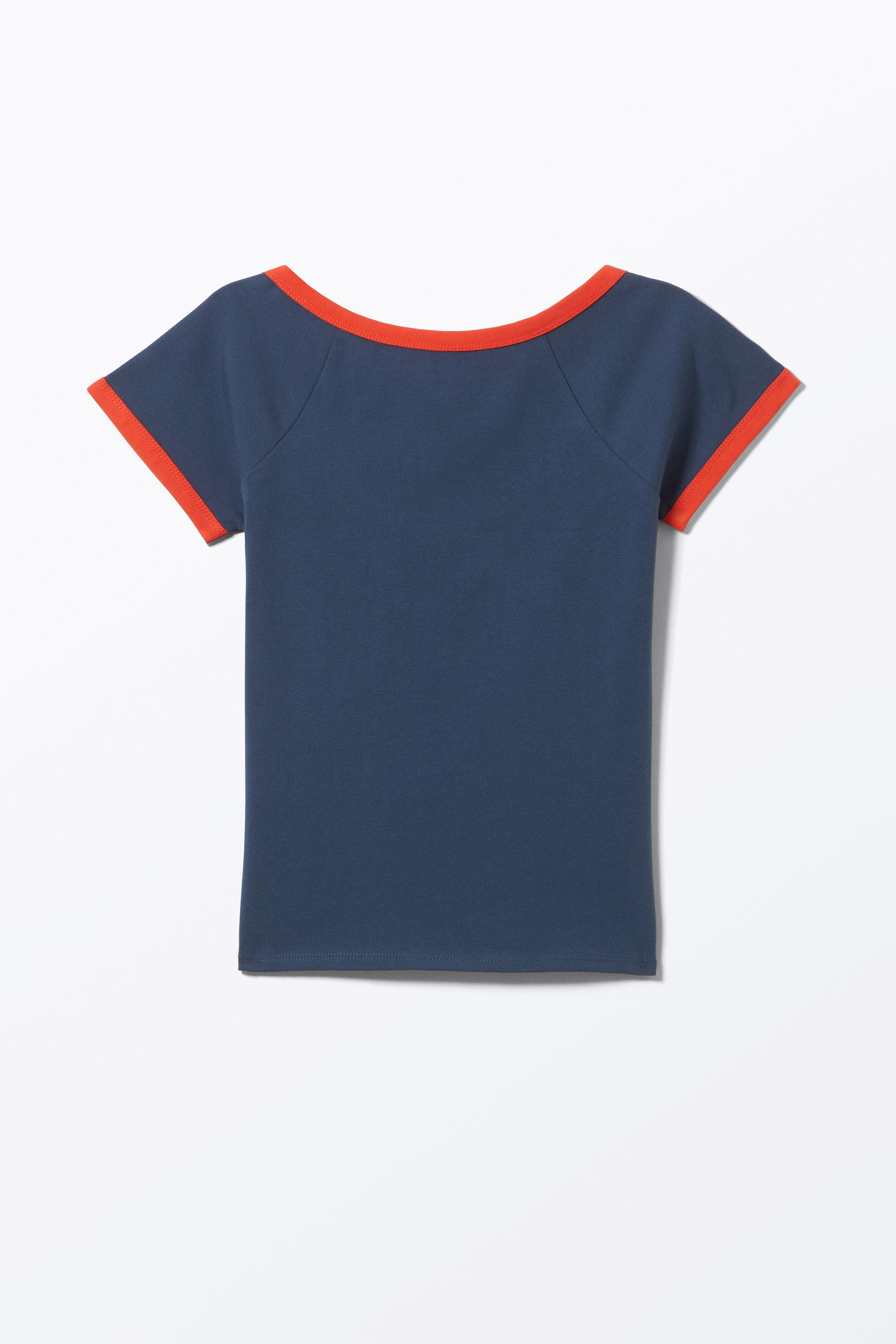 Dark Blue - Red Binding - Short-Sleeved Cowl Neck Top - 3