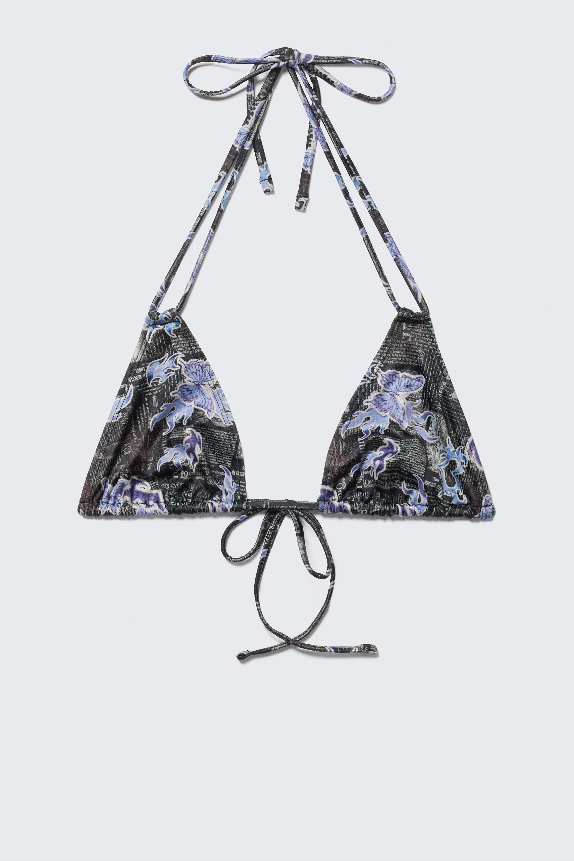 Black/Blue - Newspaper/Flame - Printed Triangle Halter Bikini Top - 3