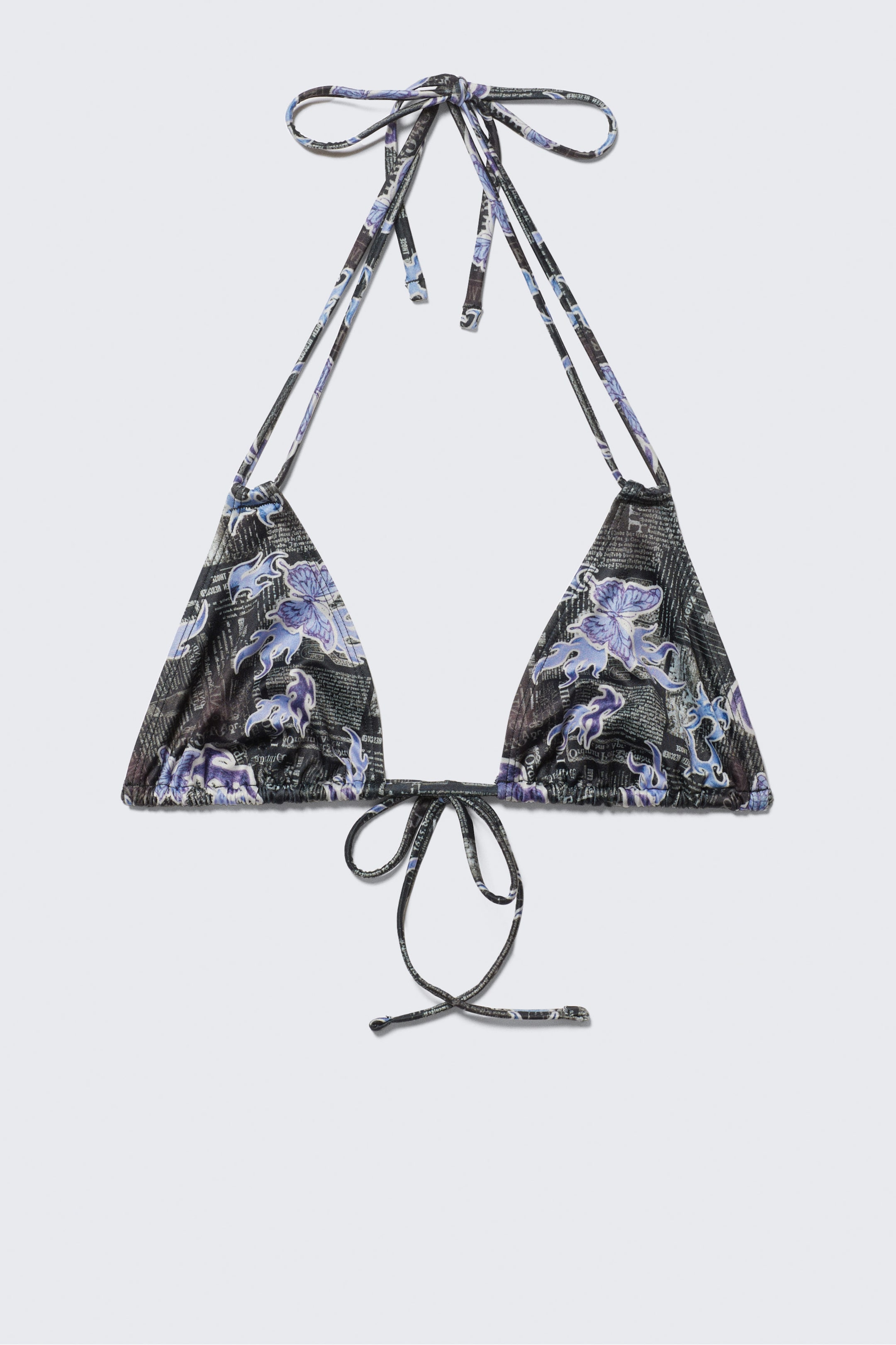 Black/Blue - Newspaper/Flame - Printed Triangle Halter Bikini Top - 3
