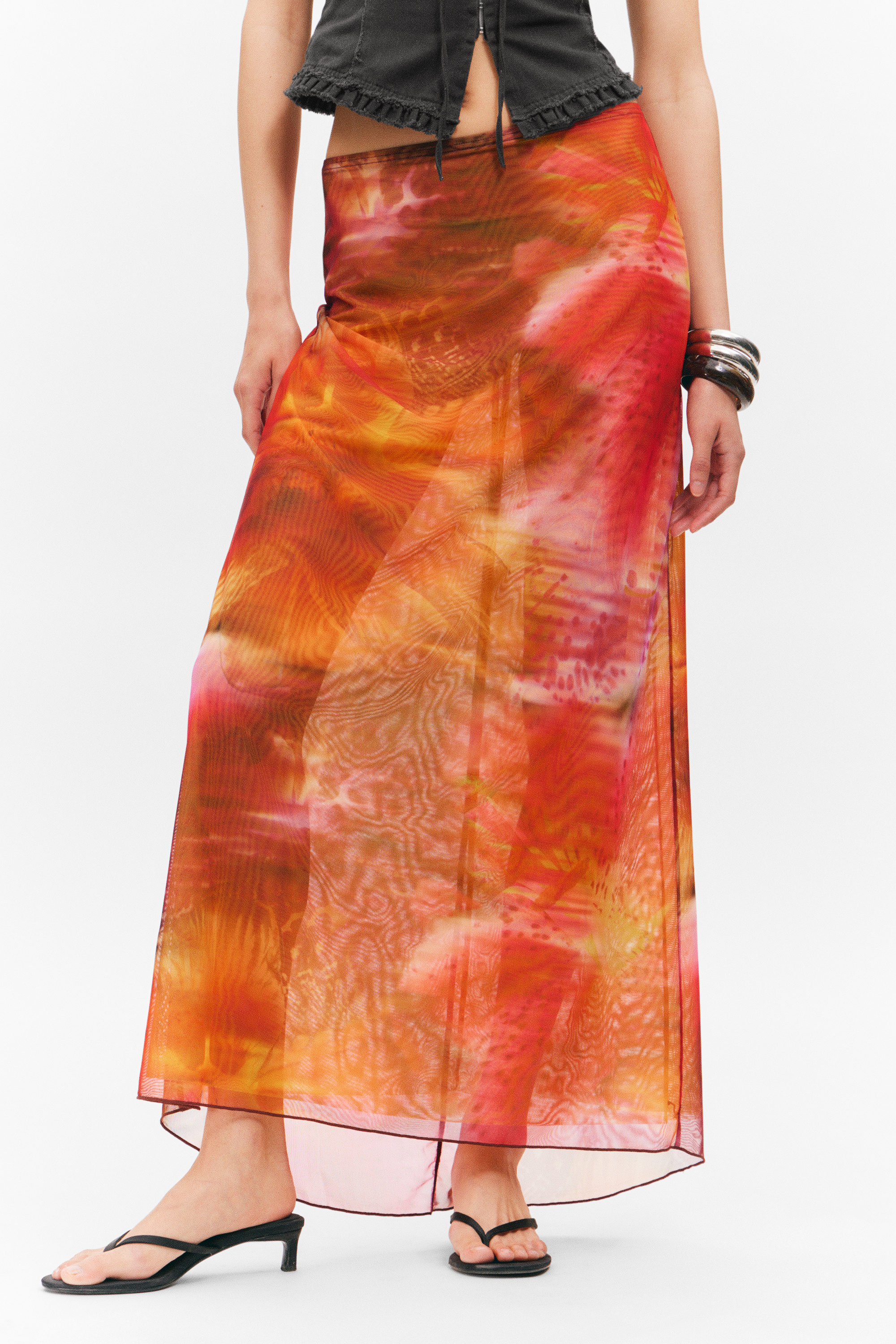 Orange/Rot - Calypso-Blüte - Fließender High-Low-Maxirock - 2
