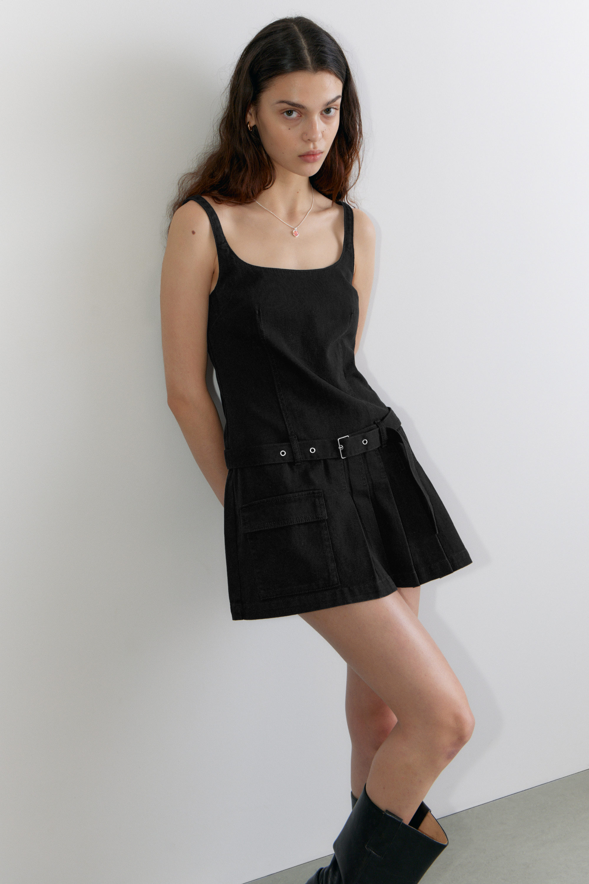 Black - Belted Pleated Mini Dress - 1