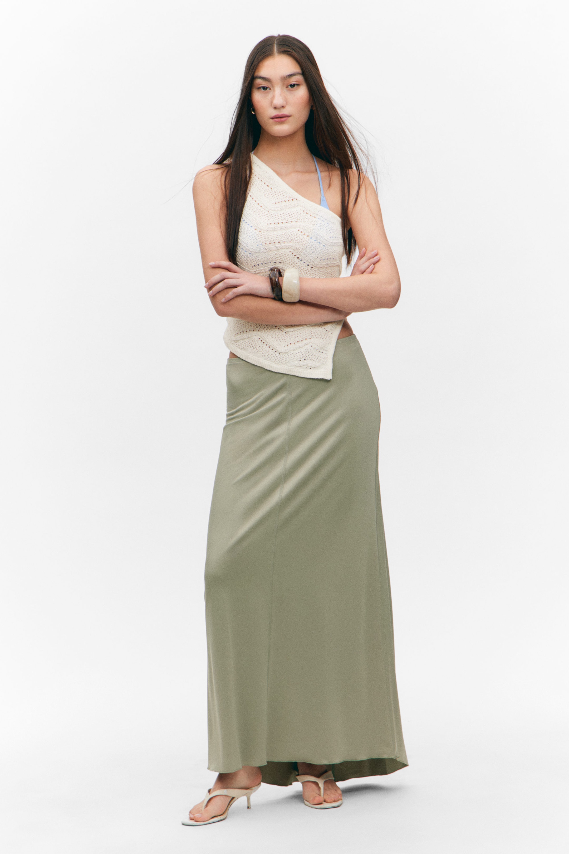 Khaki Green - Flowy High-Low Maxi Skirt - 1