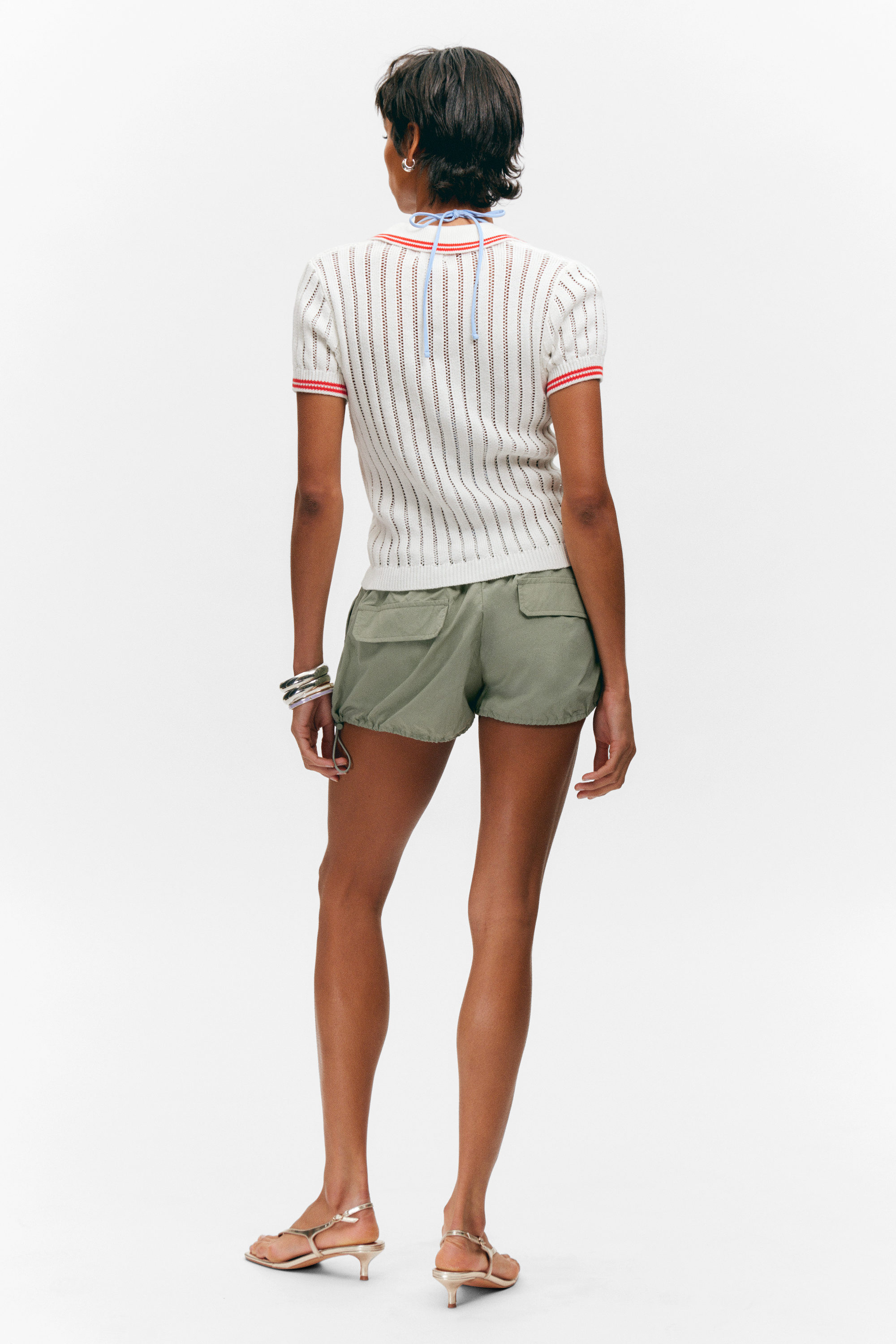 White - Red Stripes - Knitted Short-Sleeved Cotton Polo Top - 3