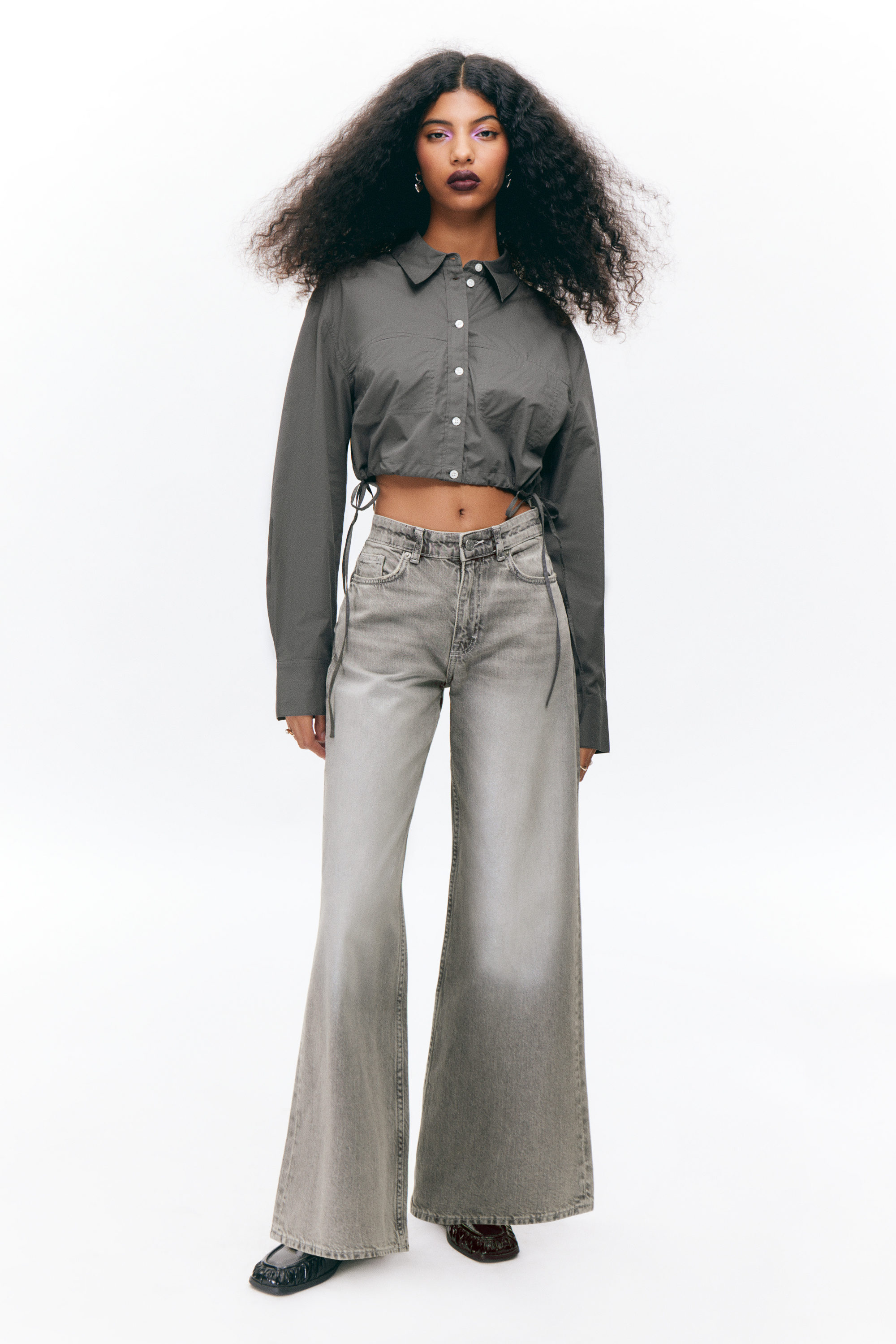 Dark Grey - Cropped Loose Cargo Shirt - 1